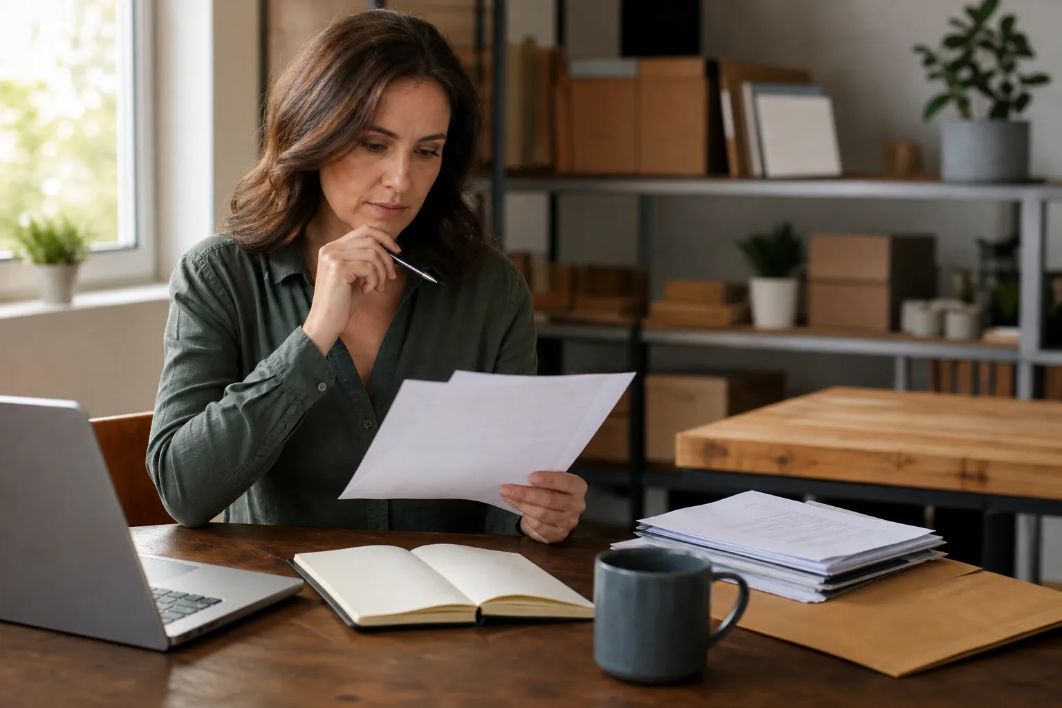 Woman reviews financial papers beside a laptop, notebook, document stack, and coffee mug at a small business workspace.