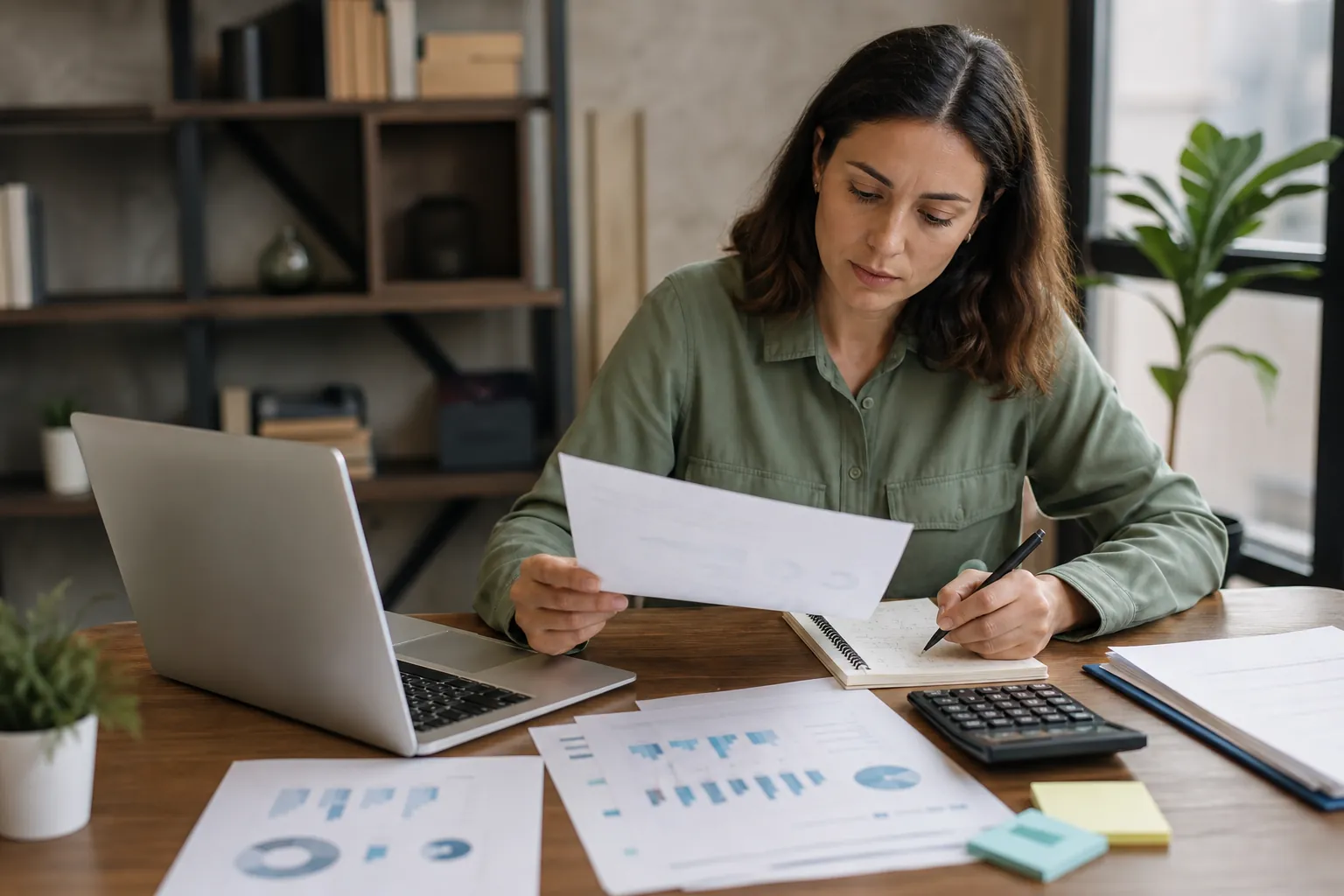 Woman reviews printed financial charts and takes notes beside a laptop and calculator at her desk.