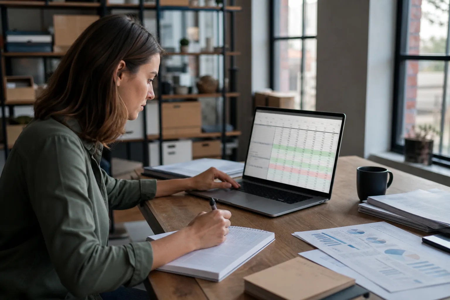 Woman reviews a financial spreadsheet on a laptop while taking notes beside printed charts in an office.