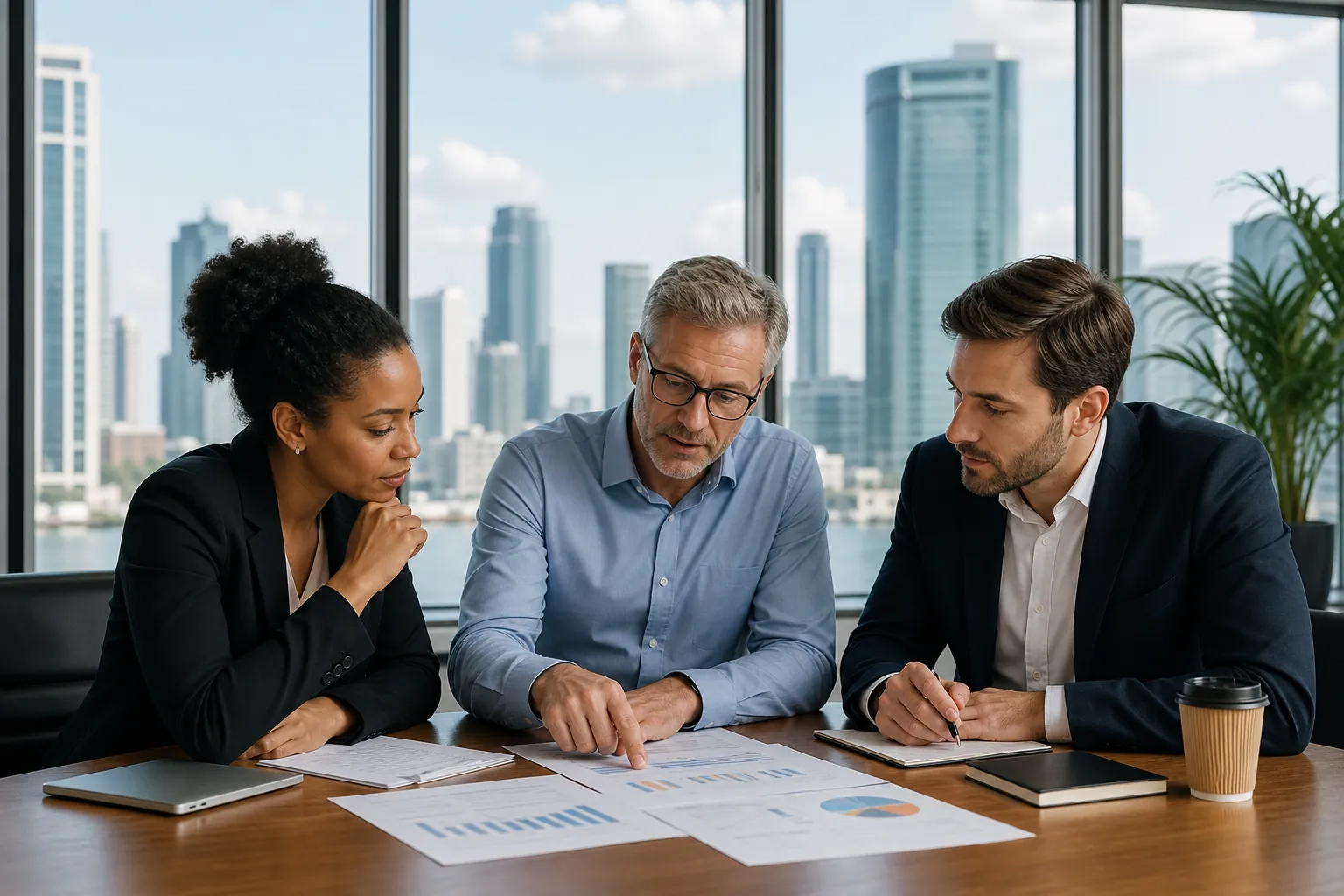 Three business professionals review financial charts and take notes at a conference table overlooking a city skyline.