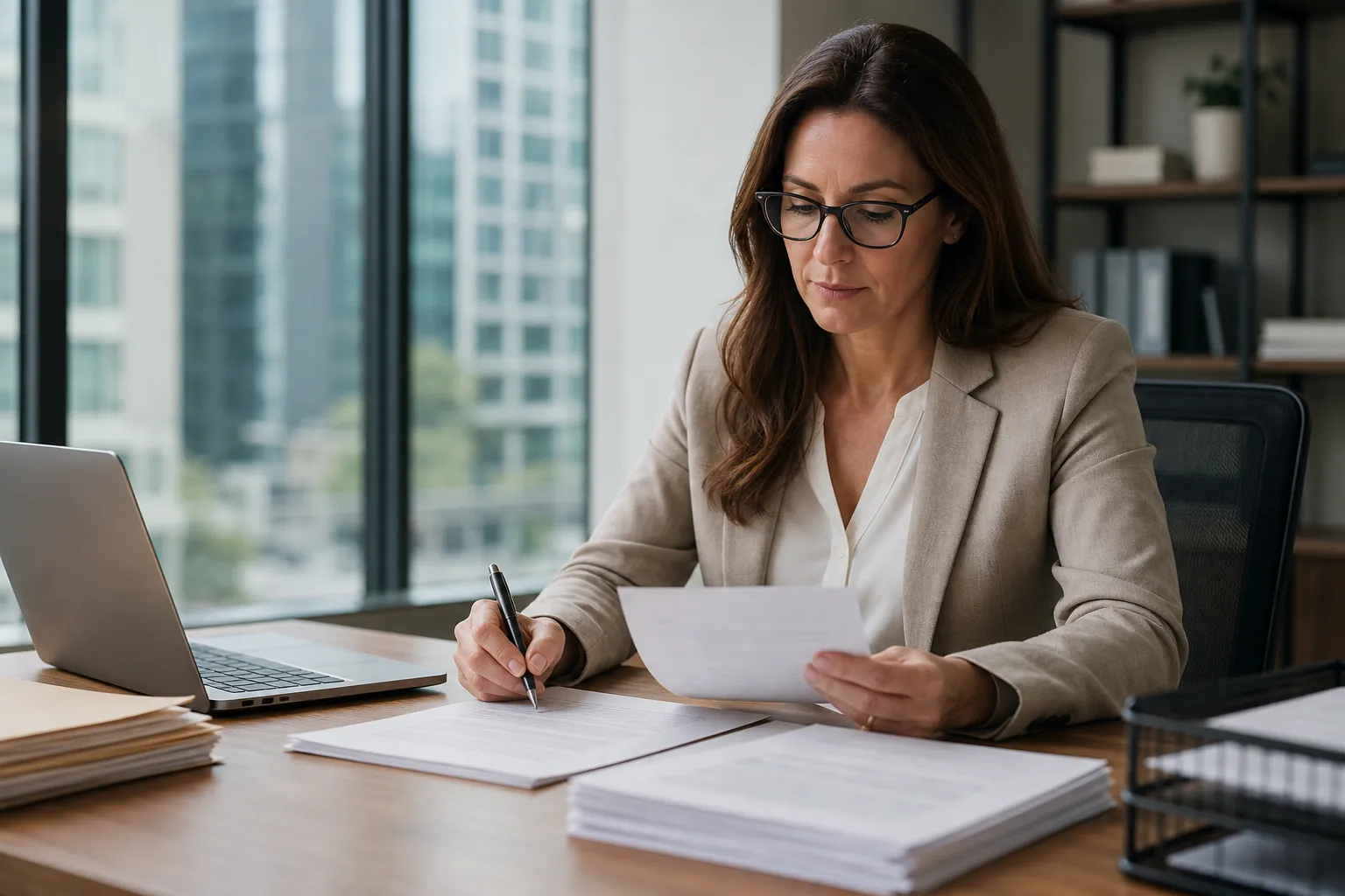 Businesswoman reviews paperwork and writes at a desk beside a laptop in a modern office.