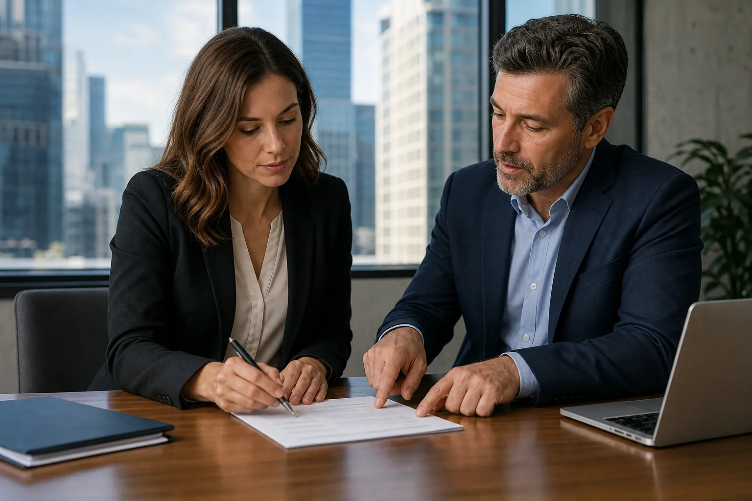 Two business professionals review and sign a document together at a conference table beside a laptop.
