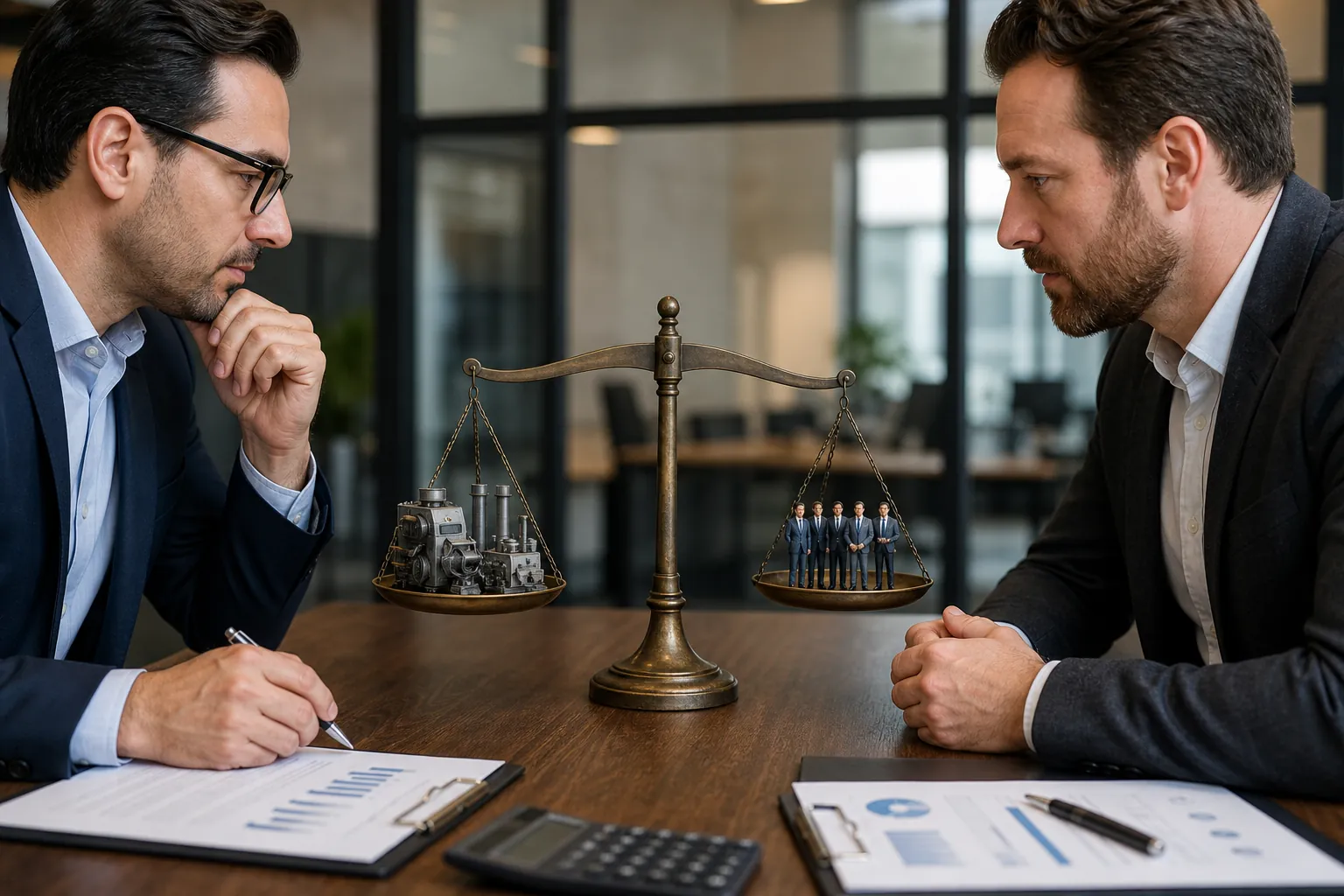 Two suited men study a brass balance scale weighing miniature machinery against businesspeople, with charts on the table.