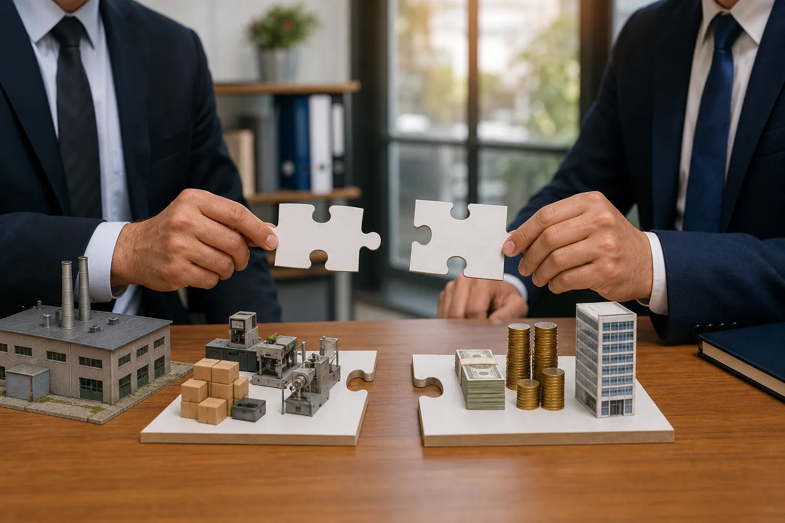 Two suited people hold puzzle pieces above miniature factories, machinery, cash, coins, and an office building on a wooden table.