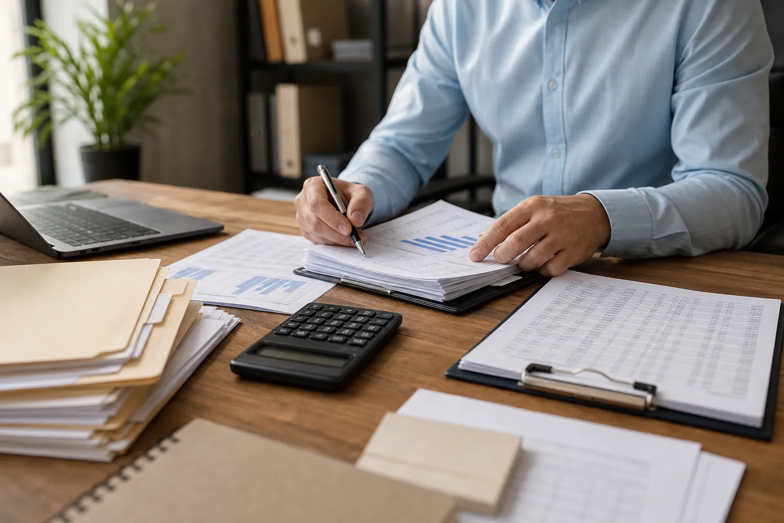A person in a blue shirt reviews financial charts at a desk with folders, a calculator, a laptop and a spreadsheet on a clipboard.