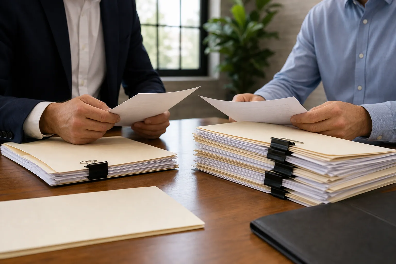 Two people review loose papers at a wooden table with thick stacks of clipped documents, folders, and a black portfolio.