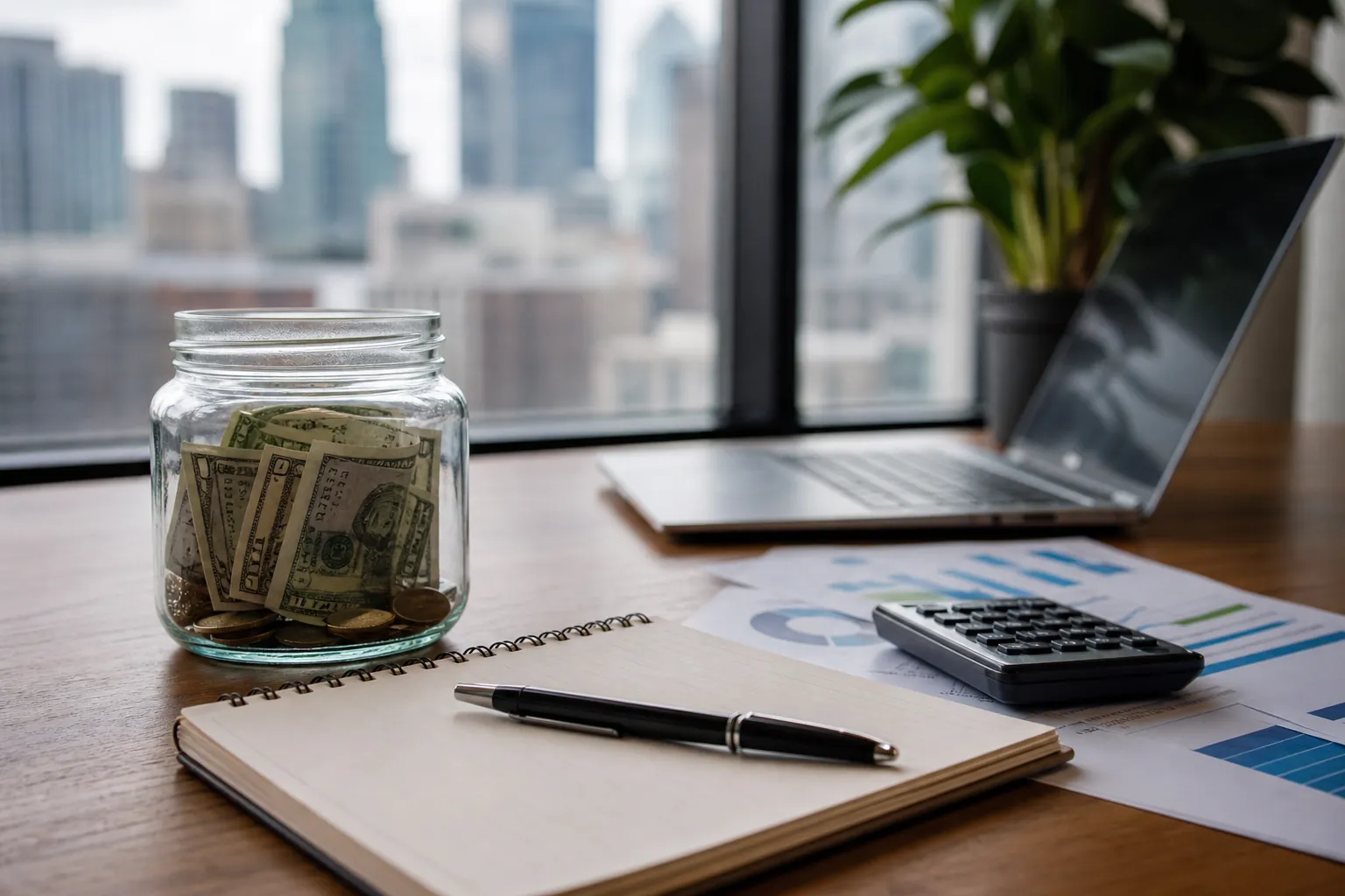 Cash Reserve Planning on an Office Desk Glass jar filled with cash and coins beside a calculator, financial charts, notebook, pen, and laptop on an office desk.