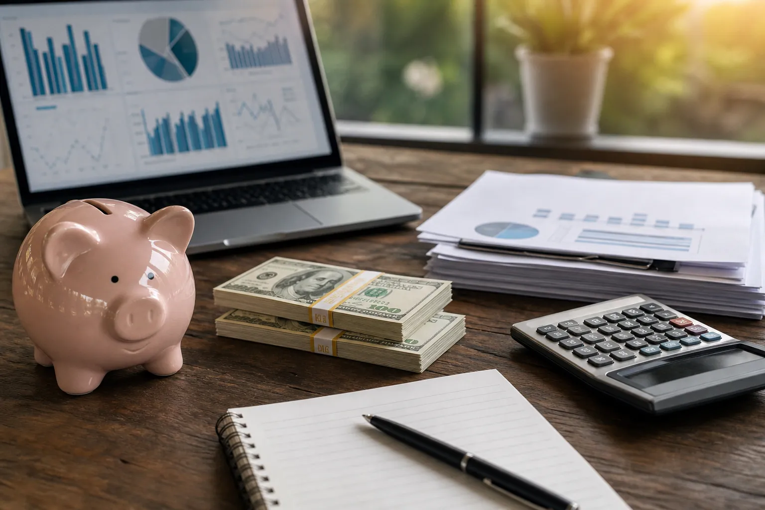 Business cash reserve planning with savings and financial reports Piggy bank, cash stacks, calculator, reports, and a laptop with financial charts on a wooden desk.