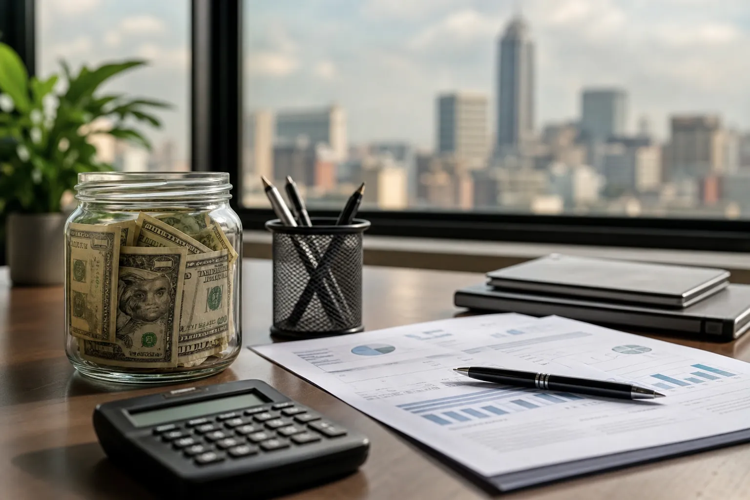 Cash reserve planning materials on an office desk Jar filled with dollar bills beside a calculator, financial charts, pen, and notebooks on an office desk.