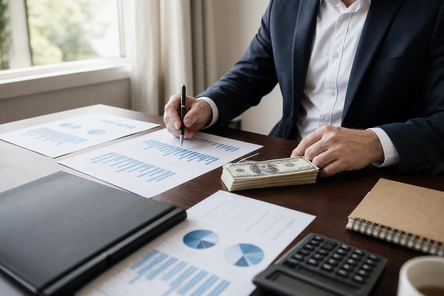 Reviewing Financial Charts and Cash at a Desk A person in a dark suit reviews financial charts with a pen beside stacked cash, a calculator, a notebook and a folder.