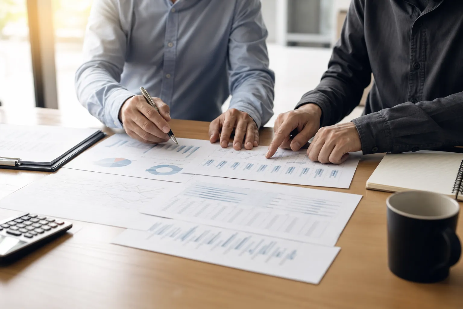 Reviewing Financial Charts for Cash Planning Two people review printed financial charts at a wooden desk with a pen, calculator, notebook, clipboard and black mug.