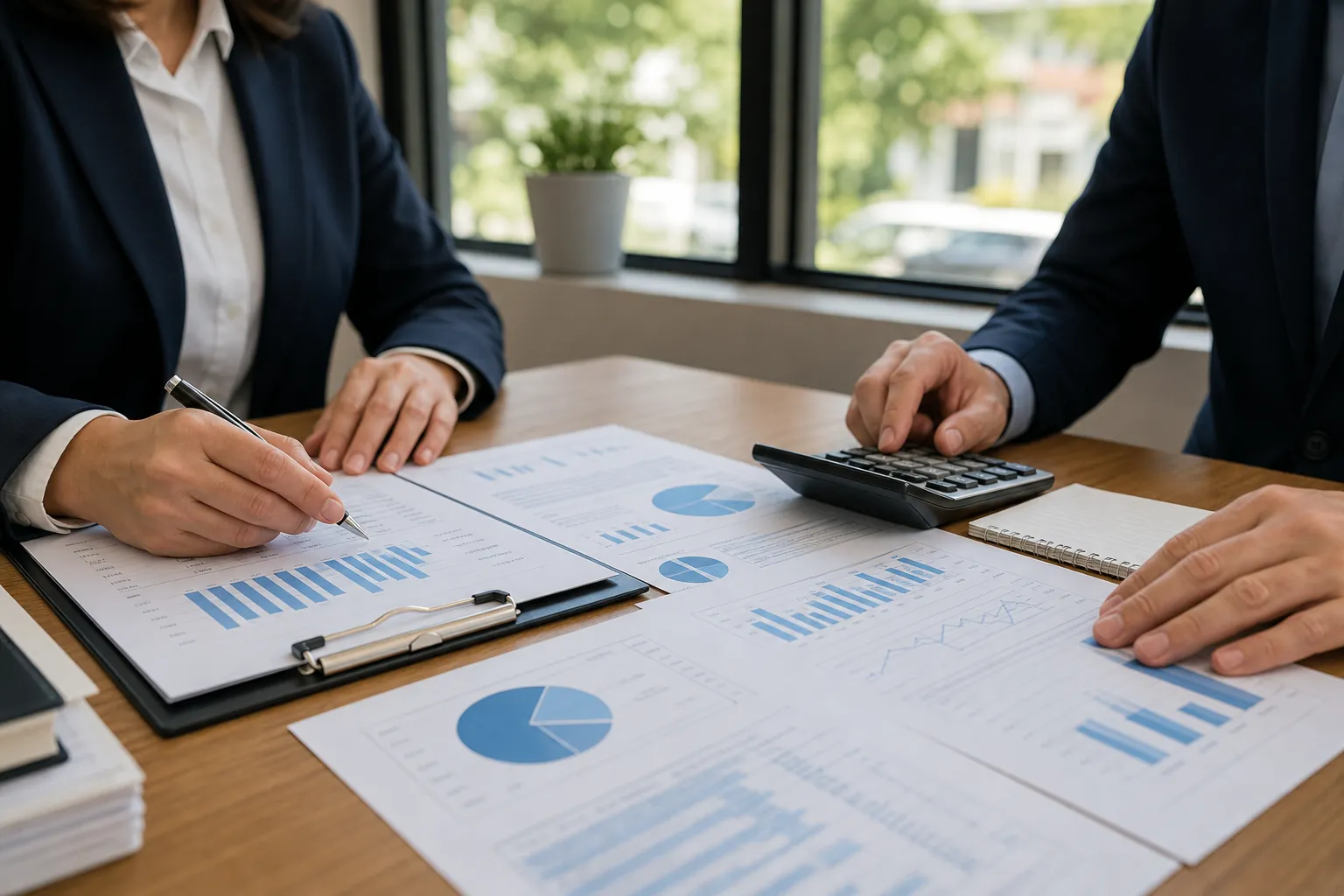 Business Cash Planning With Financial Charts Two businesspeople review financial charts at a wooden desk, with one holding a pen and the other using a calculator.
