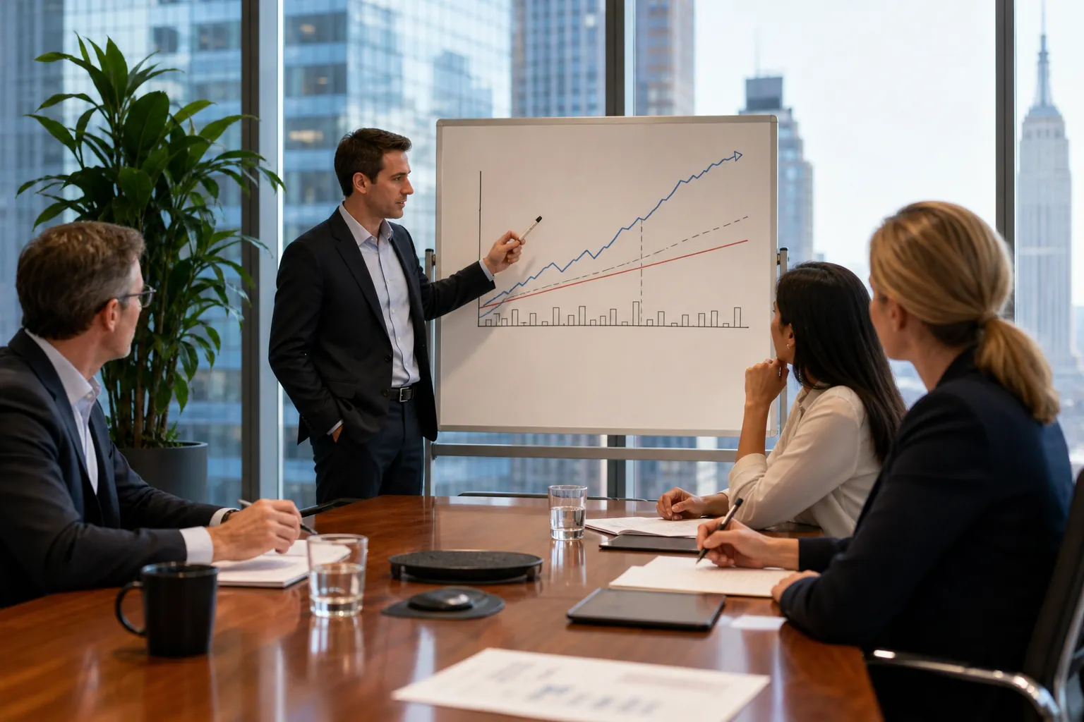 A suited presenter explains a rising line chart on a whiteboard to three colleagues around a conference table.