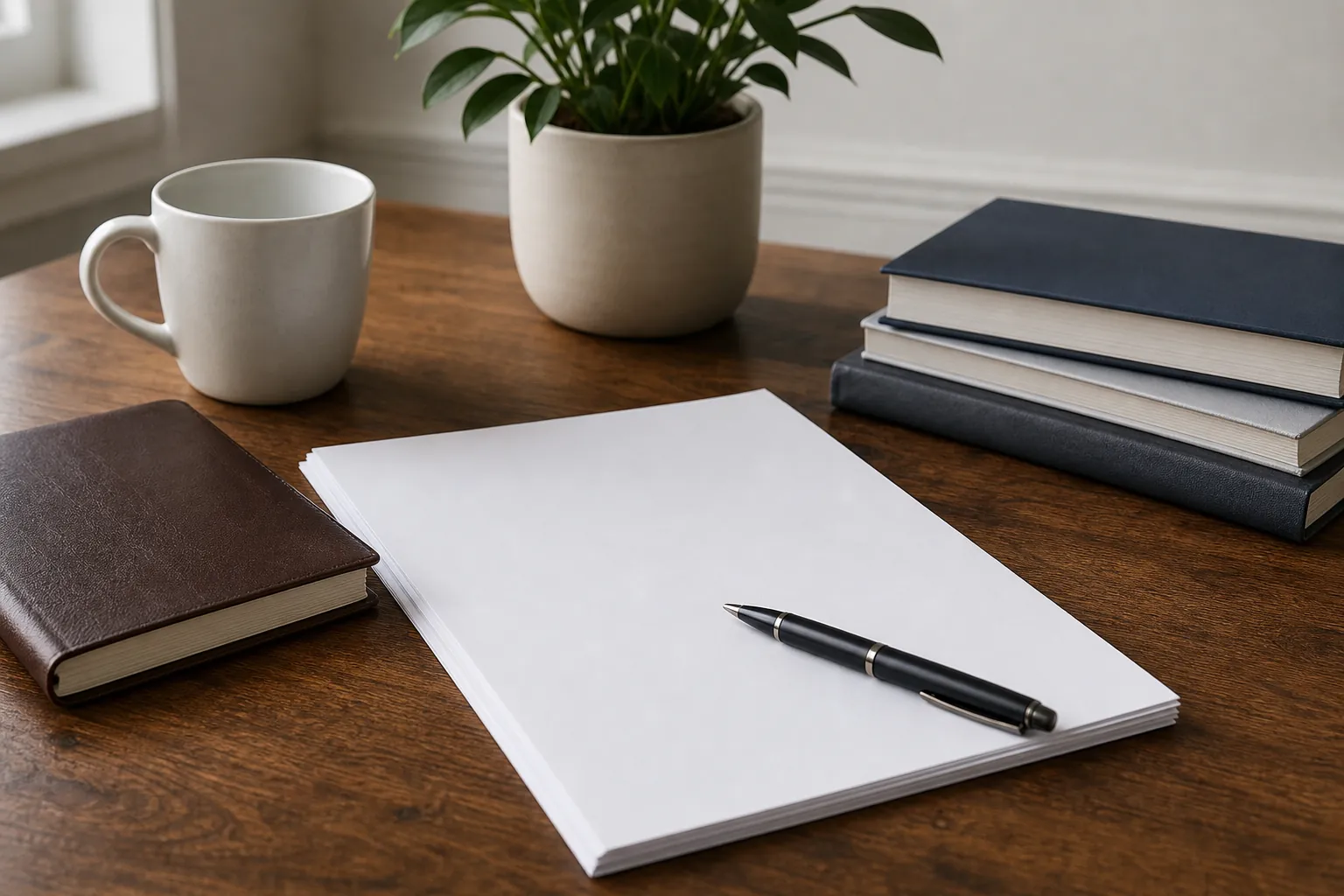 Blank Papers and Pen on a Wooden Desk Blank papers and a black pen on a wooden desk beside a brown notebook, stacked books, a white mug, and a potted plant.