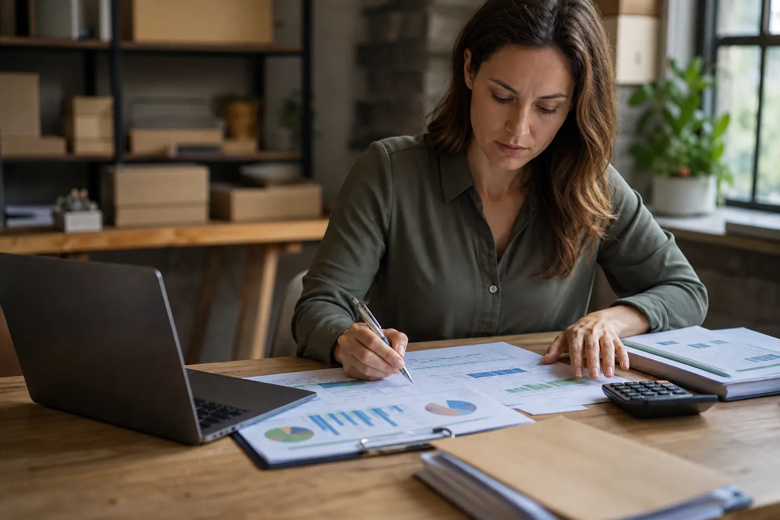 Reviewing Financial Data to Calculate the Cash Cycle Woman reviews printed financial charts with a calculator and laptop at a desk in a small office.