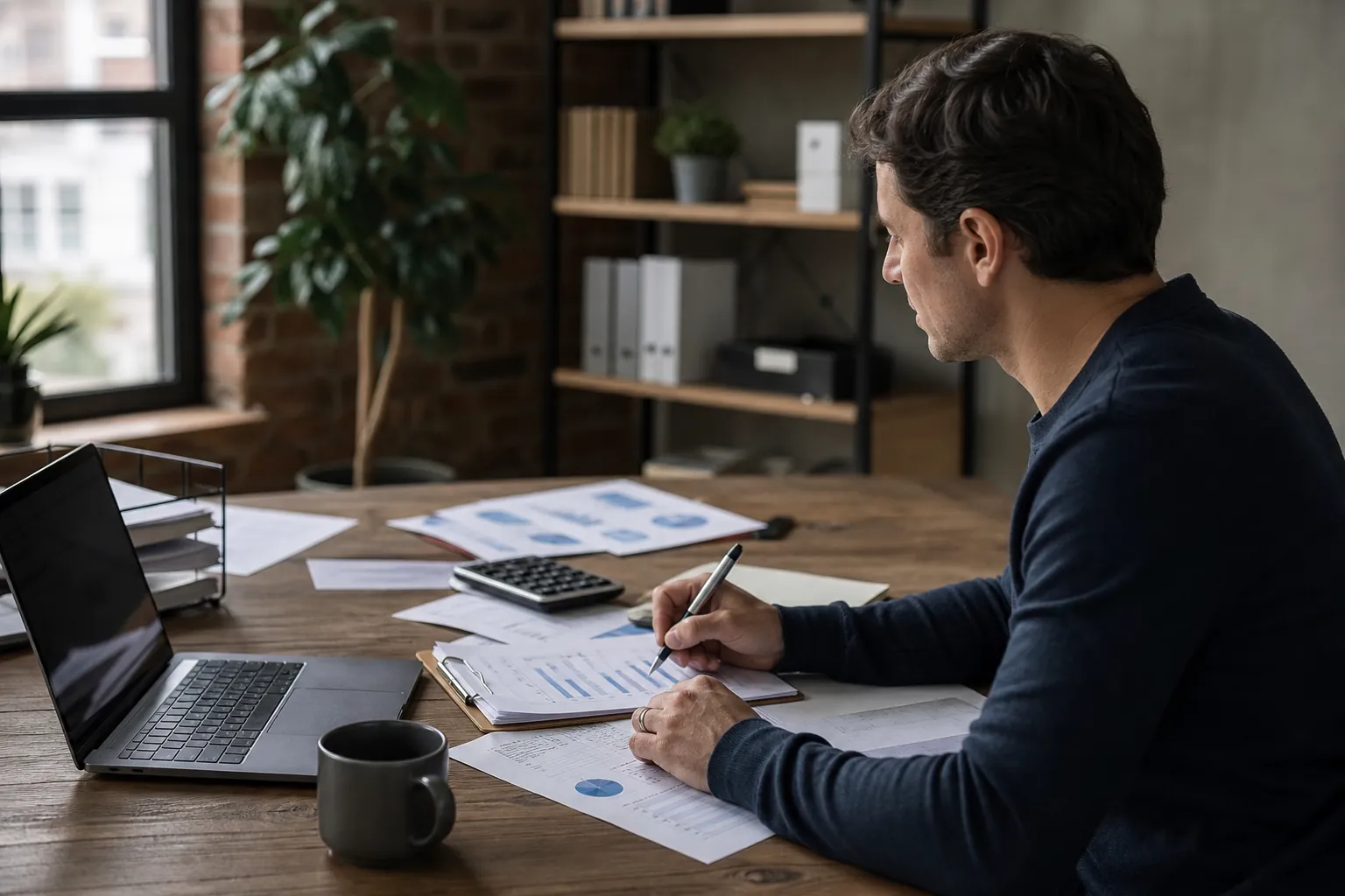 Founder Reviewing Financial Reports and Cash Flow Data Man reviews financial charts with a calculator, laptop and paperwork at an office desk.