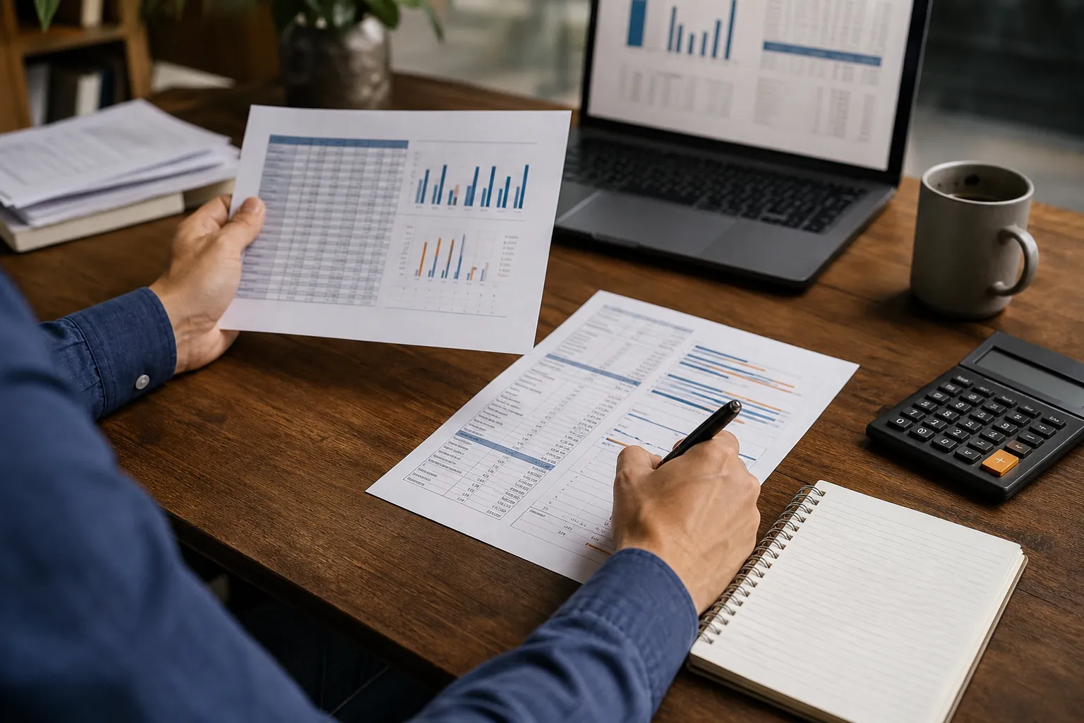Person reviews printed financial tables and bar charts at a desk with a laptop, calculator, notebook, and coffee mug.