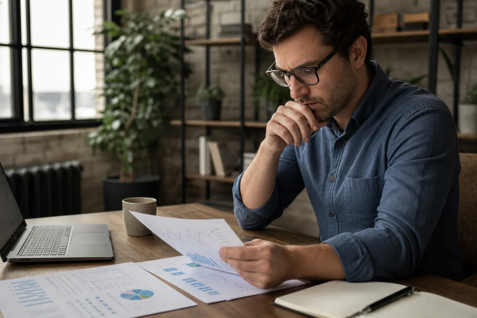A man studies printed financial charts beside a laptop and notebook at an office desk.