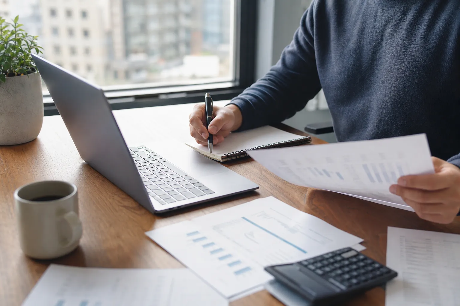 Person reviews printed financial charts while taking notes beside a laptop and calculator at an office desk.