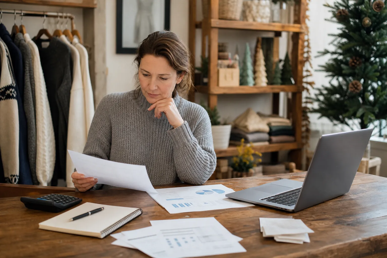 Seasonal shop owner reviewing cash flow forecasts Woman reviews financial charts beside a laptop and calculator in a seasonal clothing shop decorated for winter.