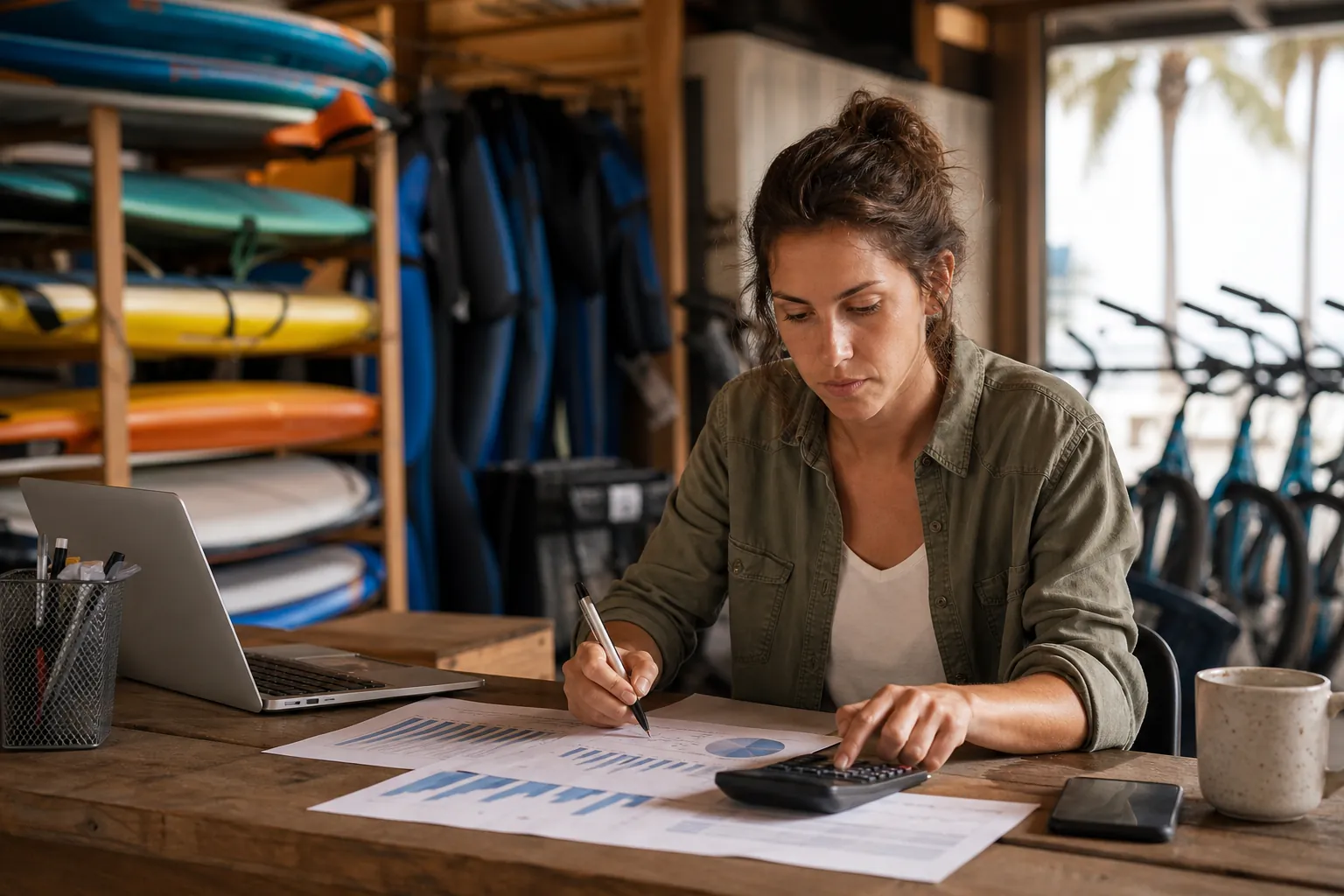 Reviewing seasonal business expenses and cash flow Woman reviews financial charts with a calculator and laptop at a surfboard and bicycle rental shop.