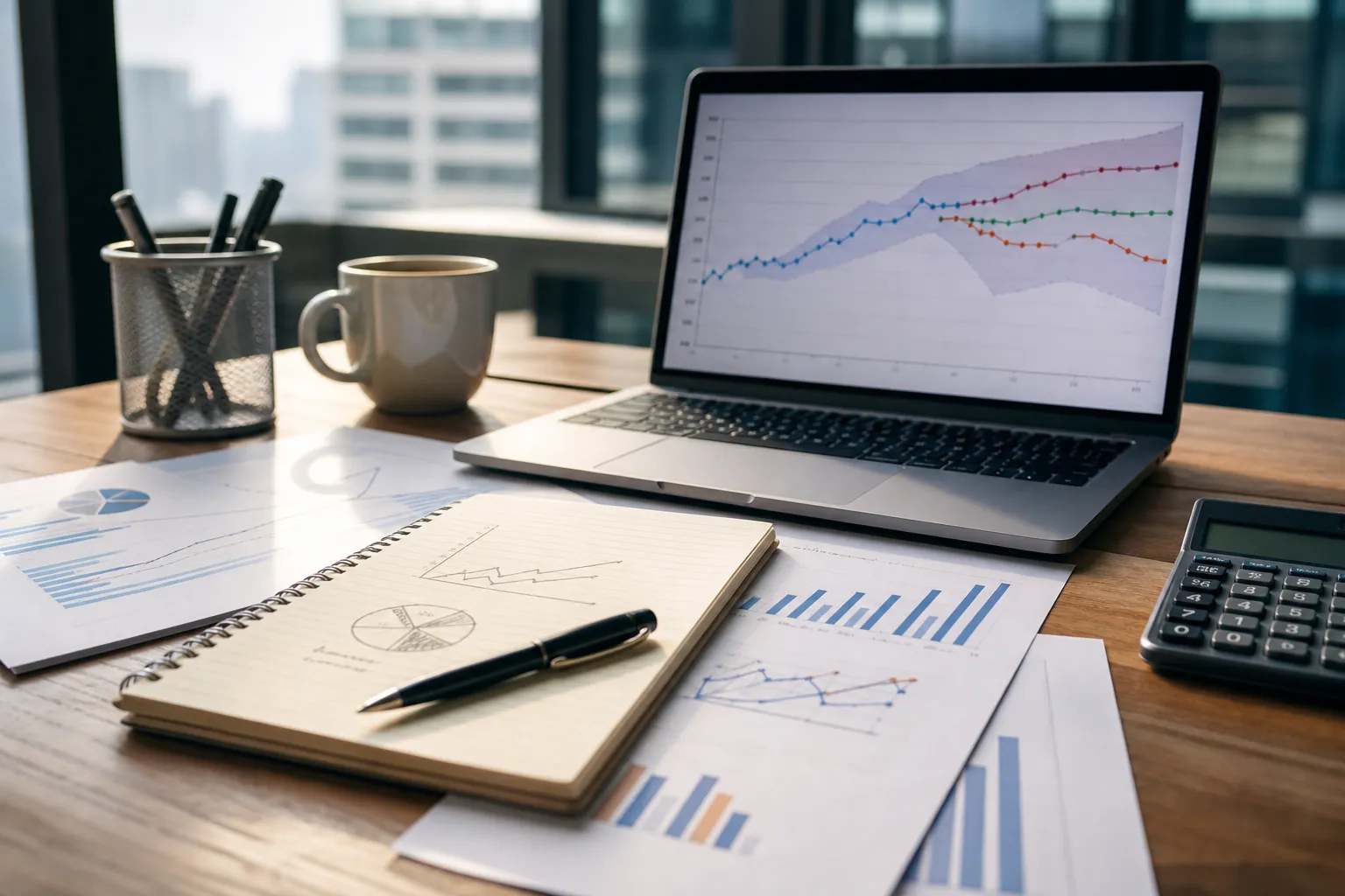 Financial scenario planning charts on an office desk Laptop displaying financial projections beside printed charts, a calculator, notebook, coffee mug, and pens on an office desk