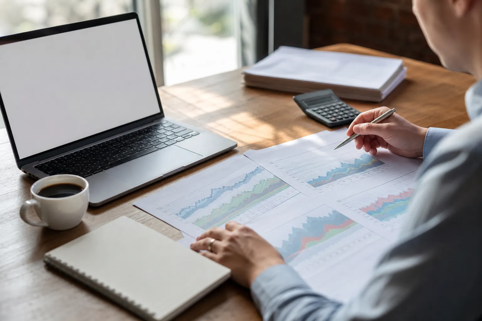 Reviewing Financial Scenario Charts for Business Planning Business professional reviews financial scenario charts beside a laptop, calculator, notebook, and coffee.