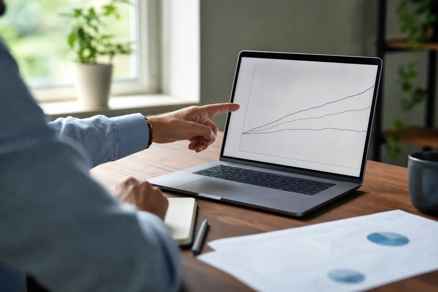 Reviewing cash flow scenarios on a laptop Businessperson pointing to three financial scenario lines on a laptop beside charts and a notebook.
