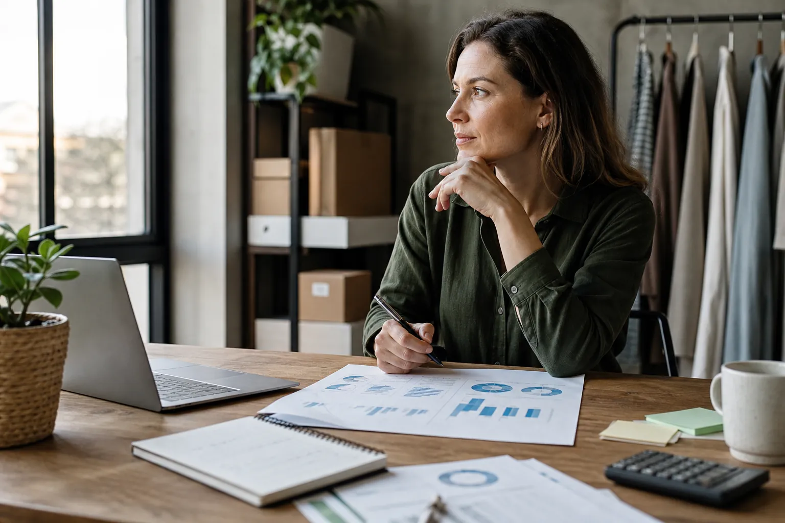 Founder Planning the Purpose of a Business Cash Reserve Business owner reviews financial charts beside a laptop and calculator while considering cash reserve goals.