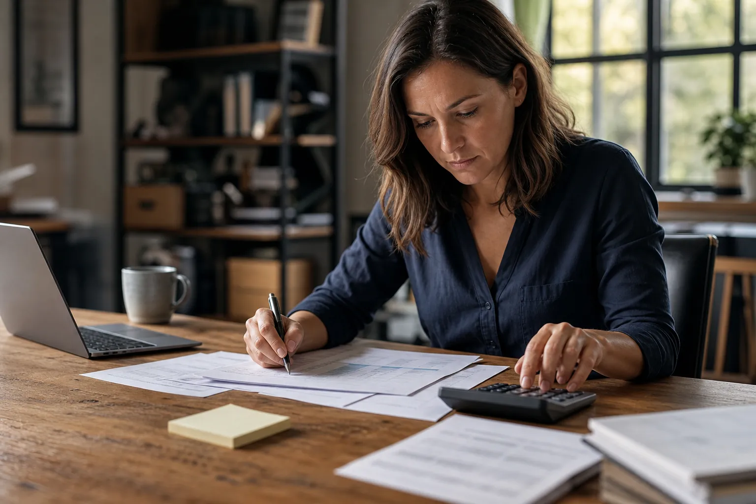 Calculating Baseline Cash Needs for a Business Reserve Woman reviews financial documents and uses a calculator beside a laptop at a wooden desk.