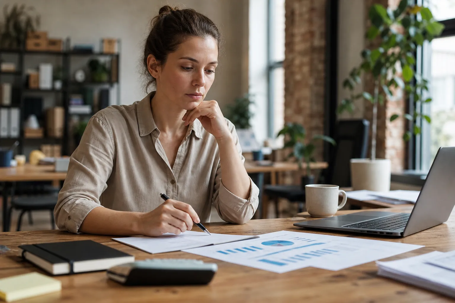 Founder Reviewing Financial Charts and Cash Reserves Woman reviews financial charts and takes notes beside a laptop and coffee mug at an office desk.