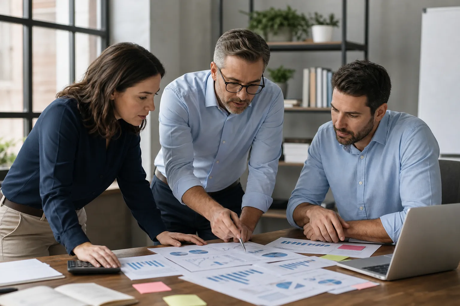 Team Reviewing Operational Drivers for a Budget Three colleagues review printed charts and operational data beside a laptop during a budgeting meeting.