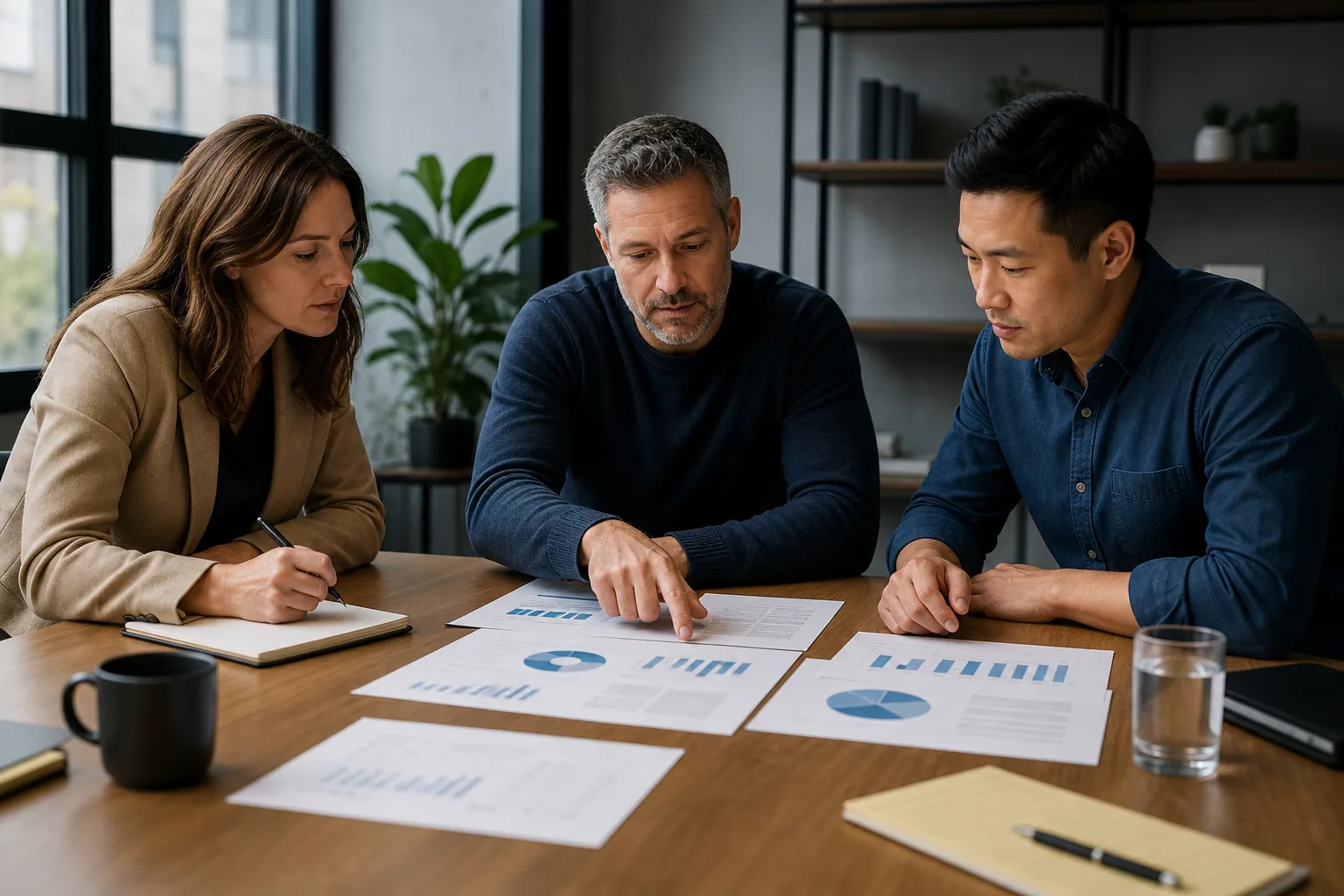 Business leaders reviewing budgeting charts and assumptions Three business leaders review printed charts and take notes around a conference table during a budgeting discussion.