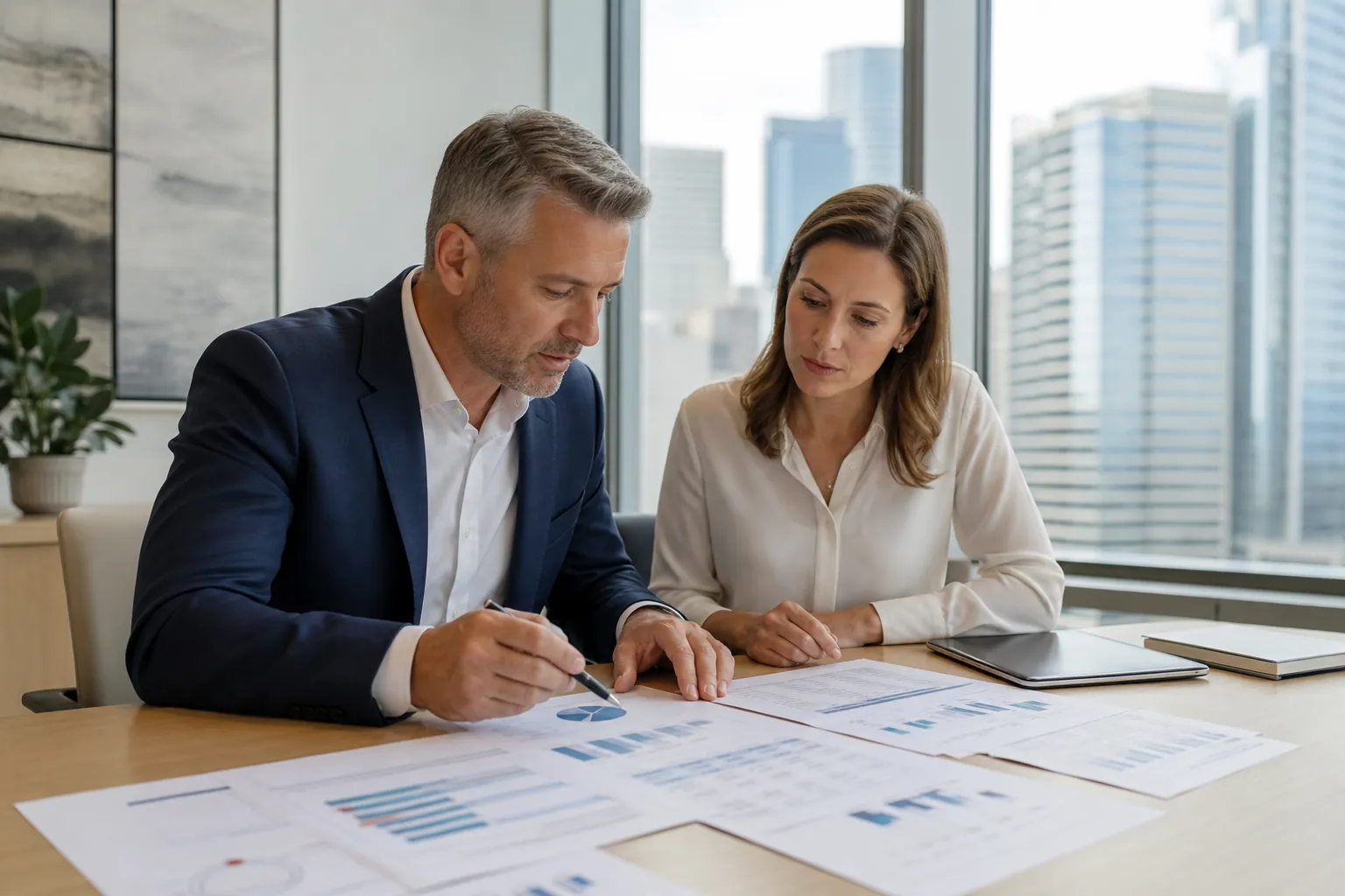 Two business professionals review printed financial charts together at a desk in a city office.