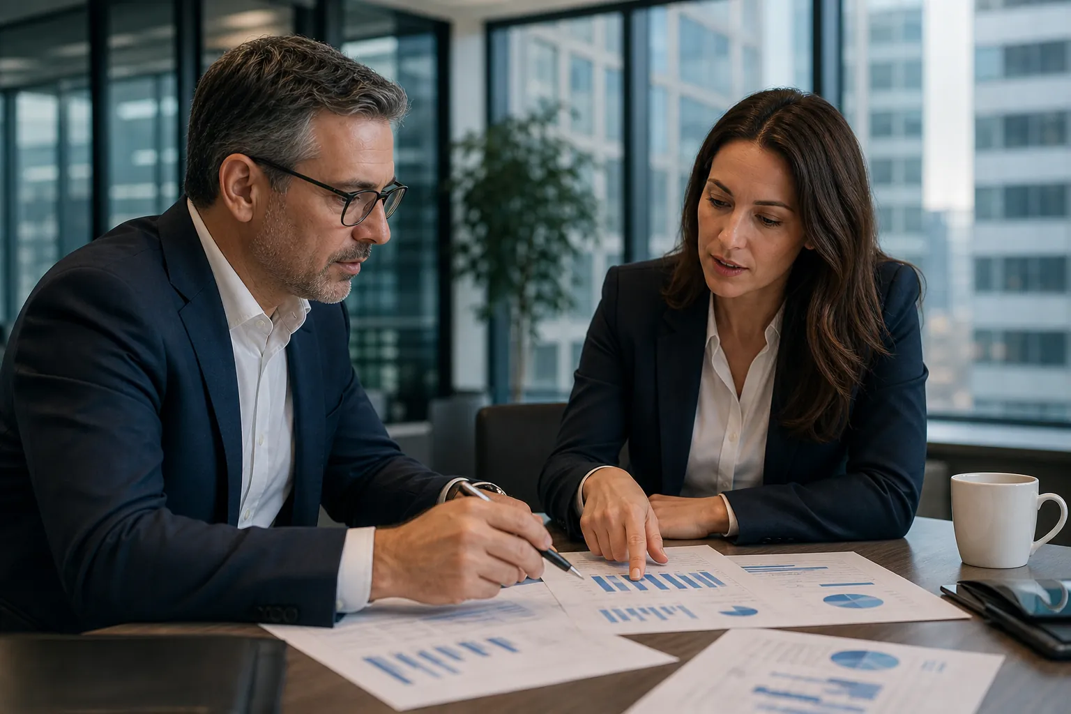 Two business professionals review printed financial charts together at a conference table in a modern office.
