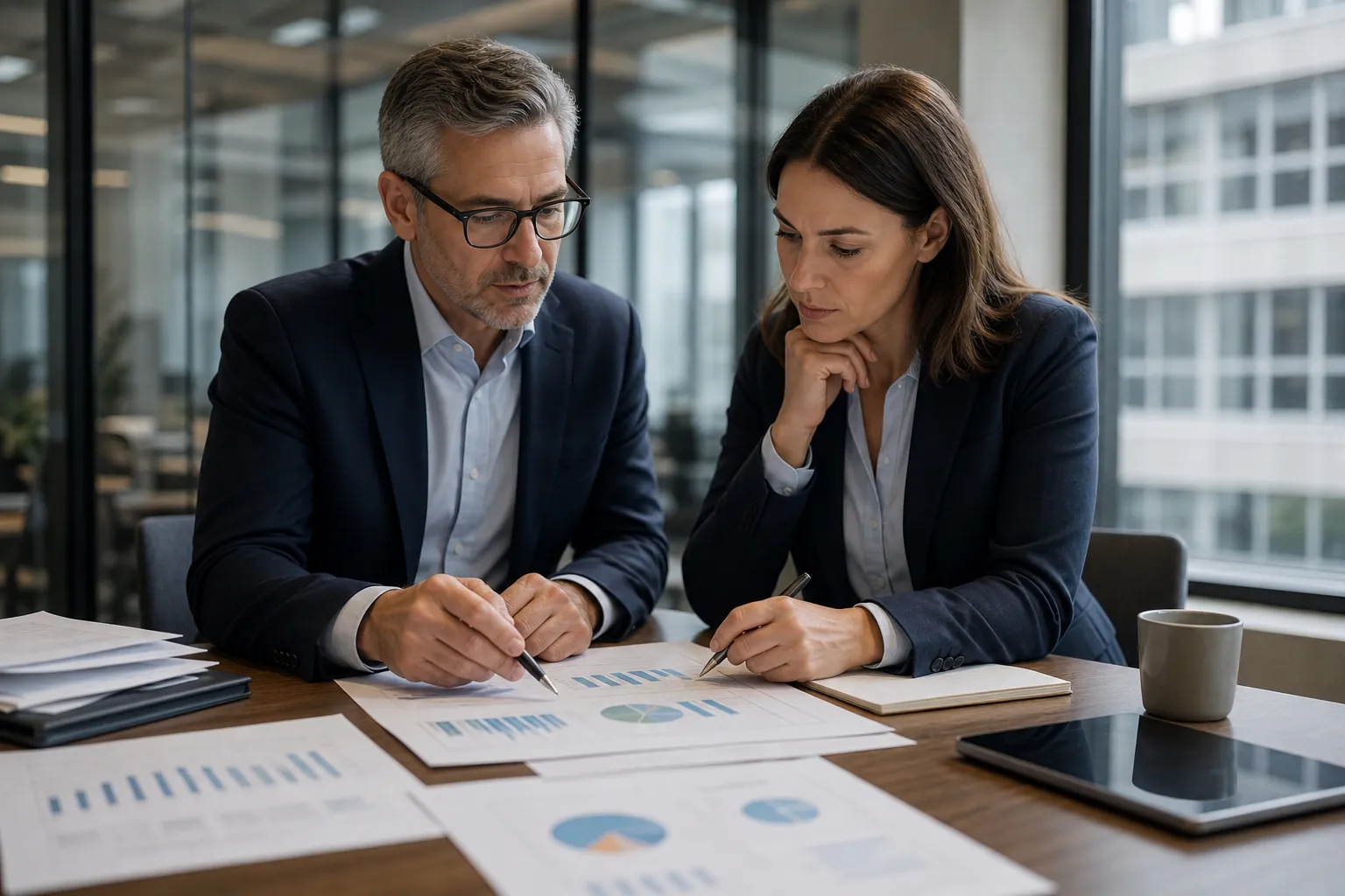 Two finance professionals review printed charts and reports together at a conference table in a modern office.