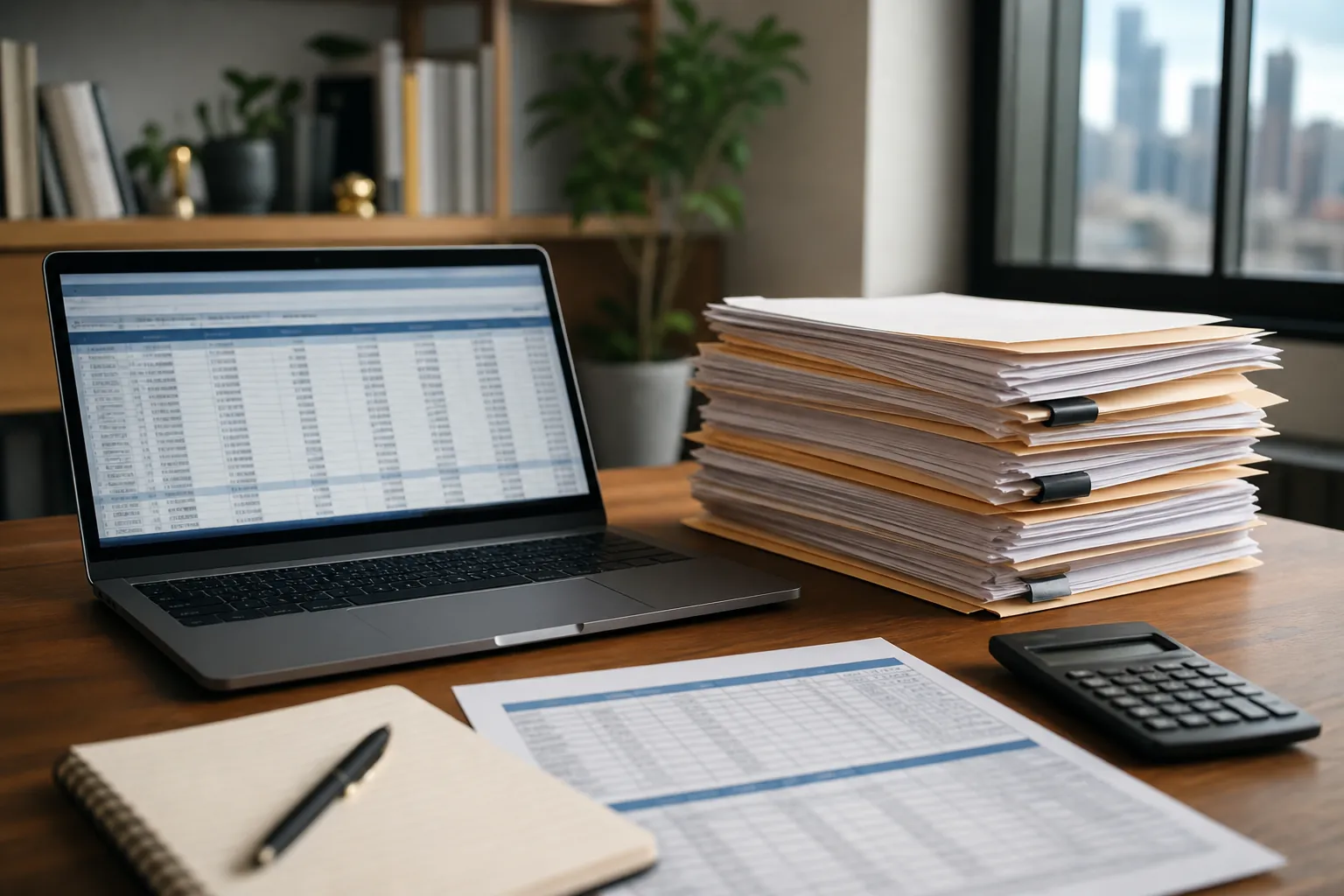 Accounting Records and Documents Prepared for Review Laptop displaying accounting tables beside financial printouts, a calculator, notebook, and stacked documents on a desk.