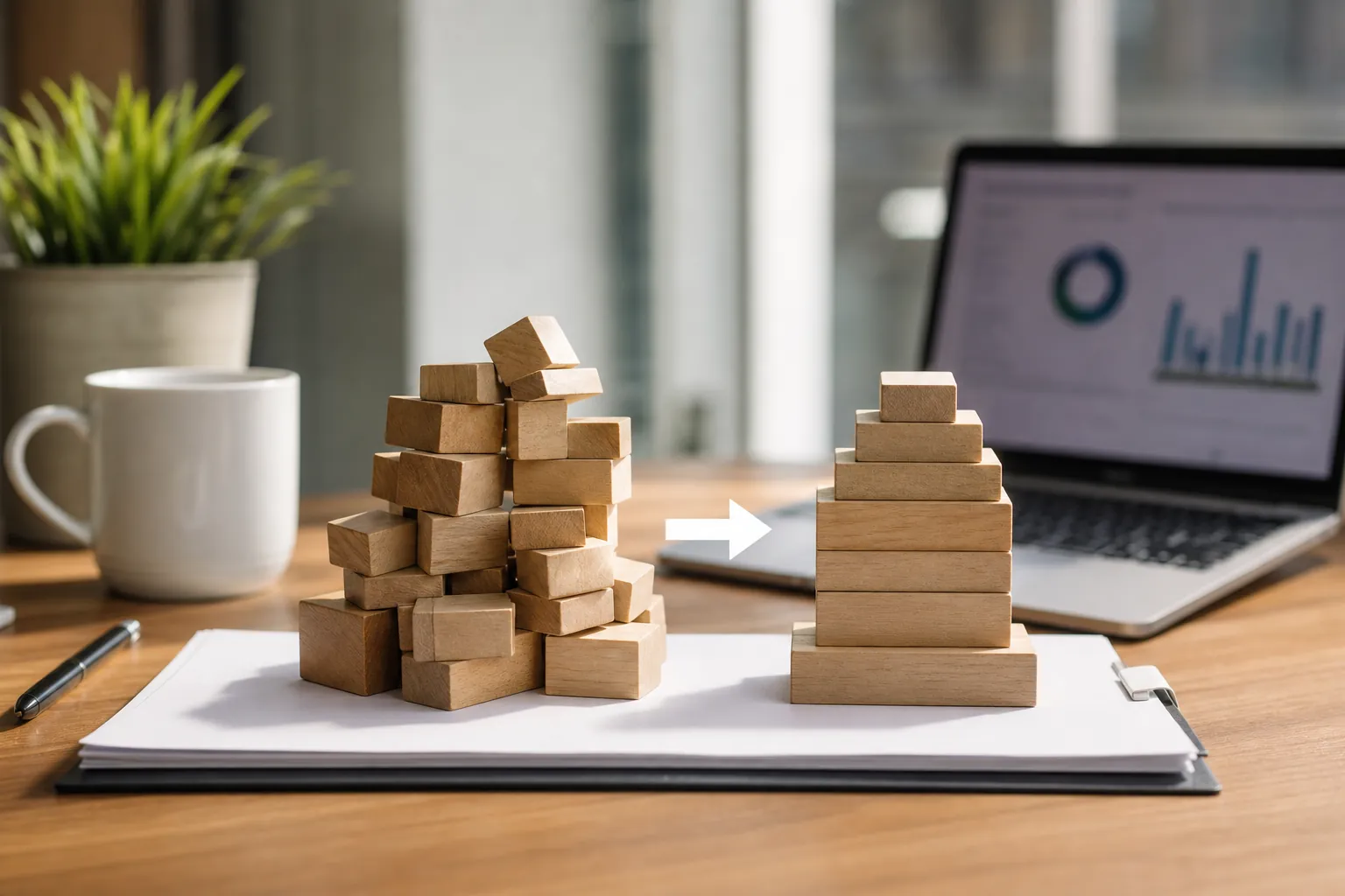 Simplifying financial accounts into a clear structure Scattered wooden blocks reorganized into a neat stack beside a laptop displaying financial charts.
