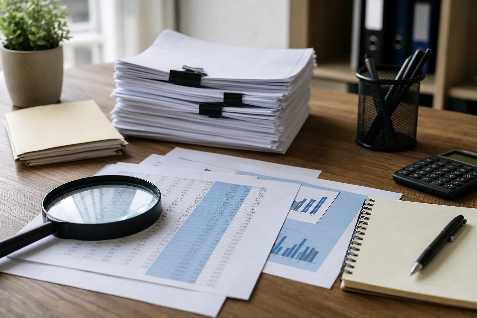 Financial Records Under Review Before a Business Sale Financial reports, charts, calculator, notebook, and magnifying glass arranged on a wooden office desk.
