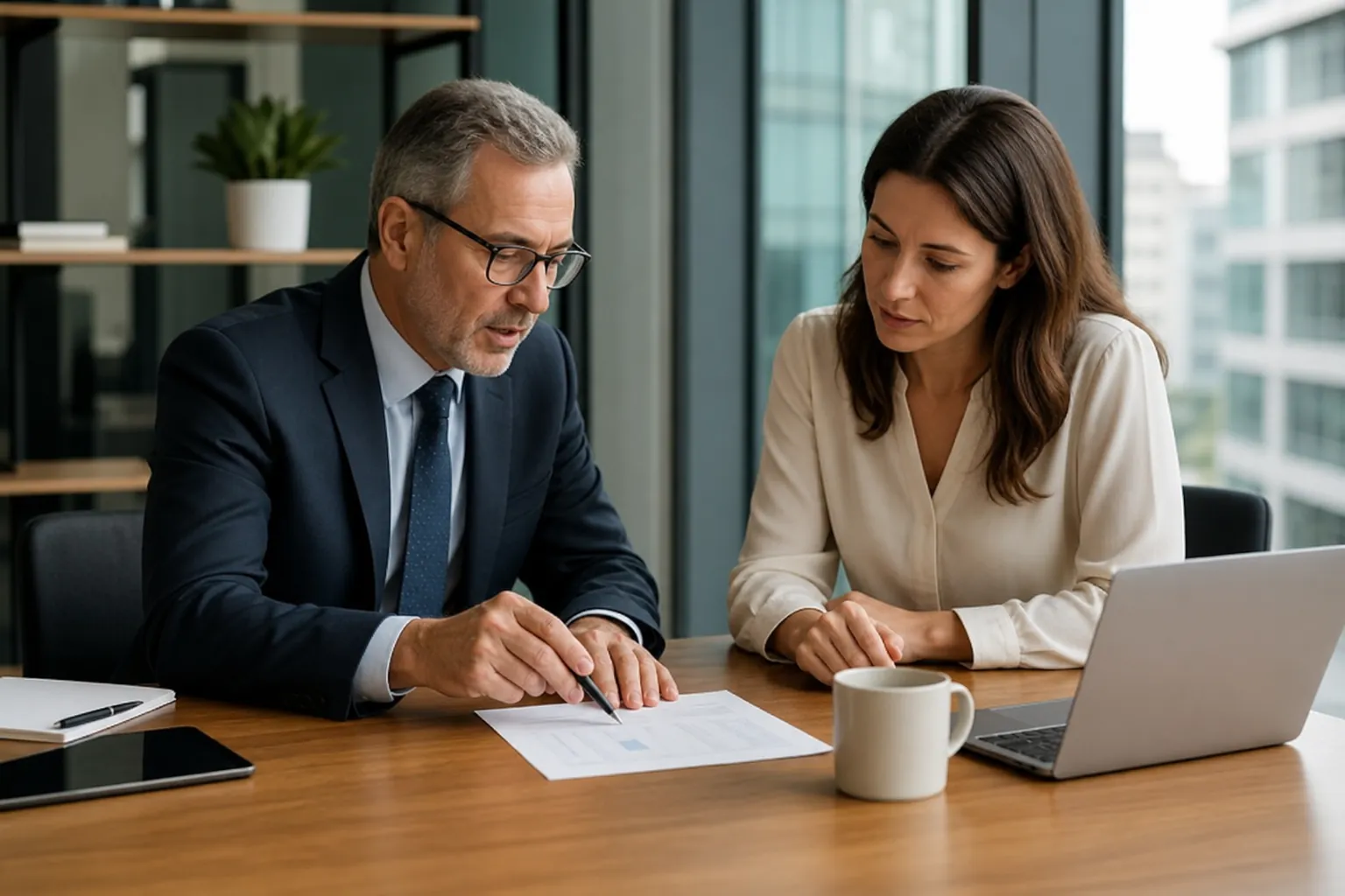 A man in a suit points to a document while a woman reviews it beside an open laptop at an office table.