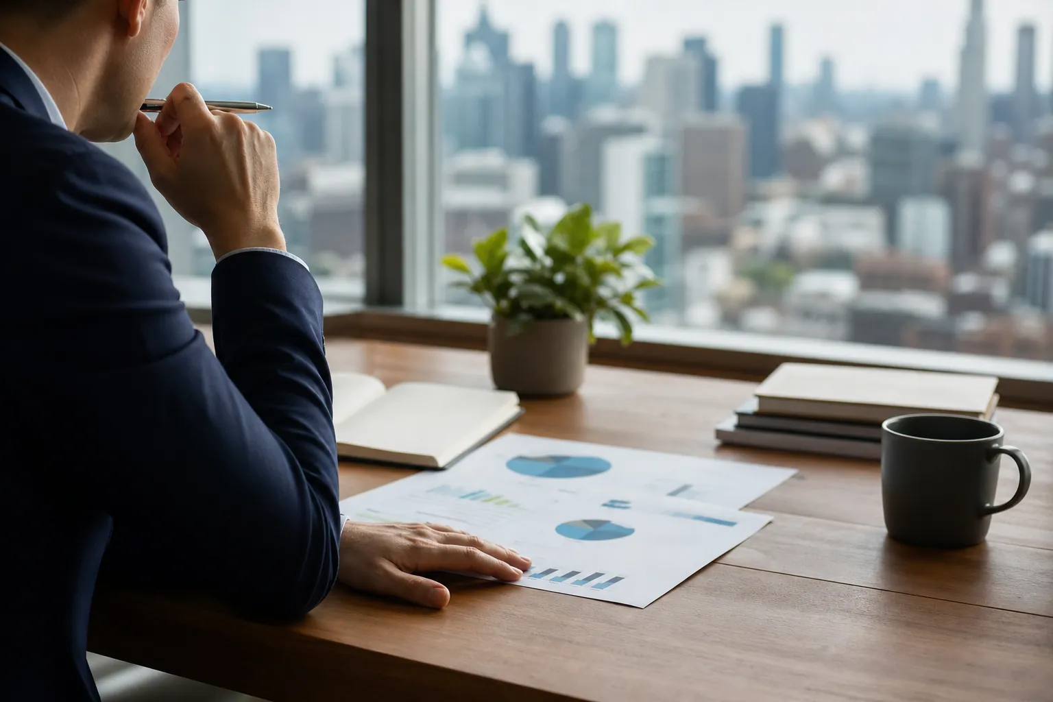 A person in a navy suit holds a pen near their chin while reviewing printed charts at a desk overlooking a city skyline.