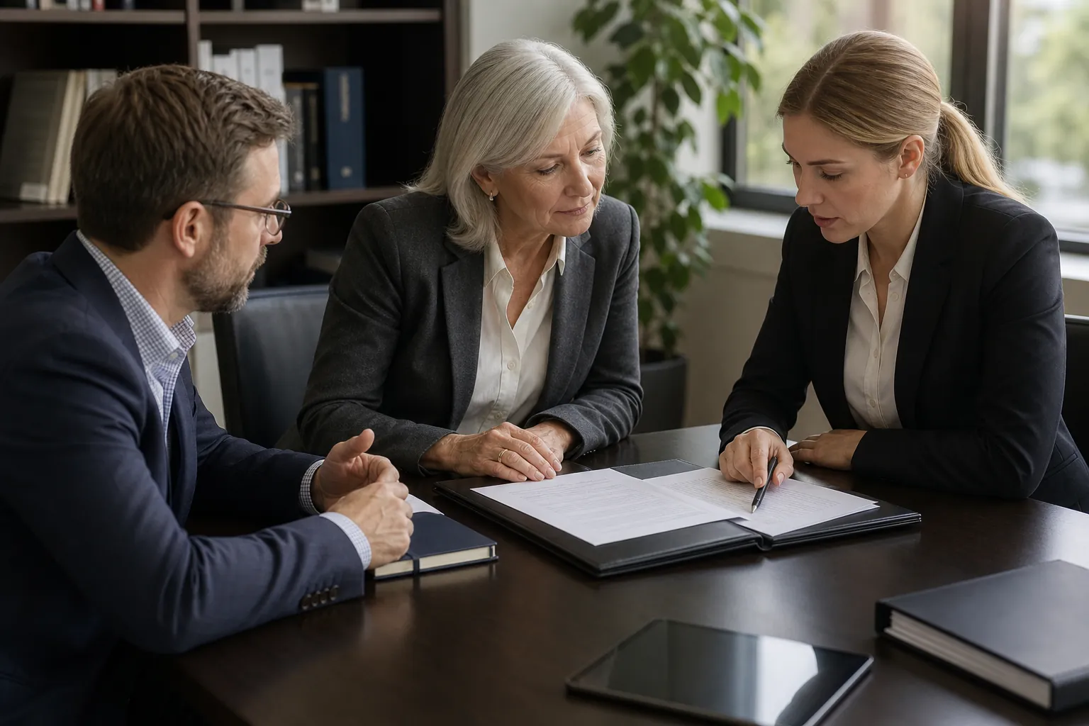 Three business professionals review paperwork at an office table, with one woman pointing to a document with a pen.