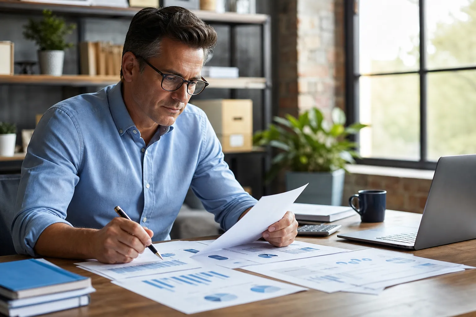 Business owner reviewing financial baseline reports Business owner reviews printed financial charts and takes notes at a desk with a laptop and calculator.