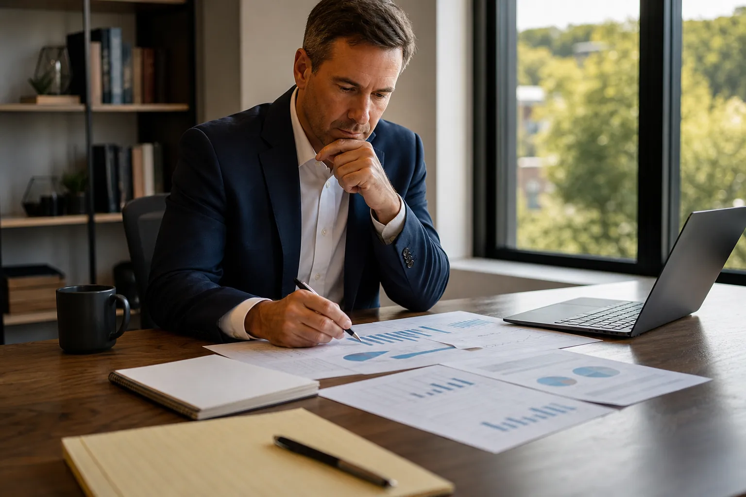 Seller Reviewing Financial Reports Before a Business Sale Businessman reviews financial charts and takes notes at a desk beside a laptop in a bright office.
