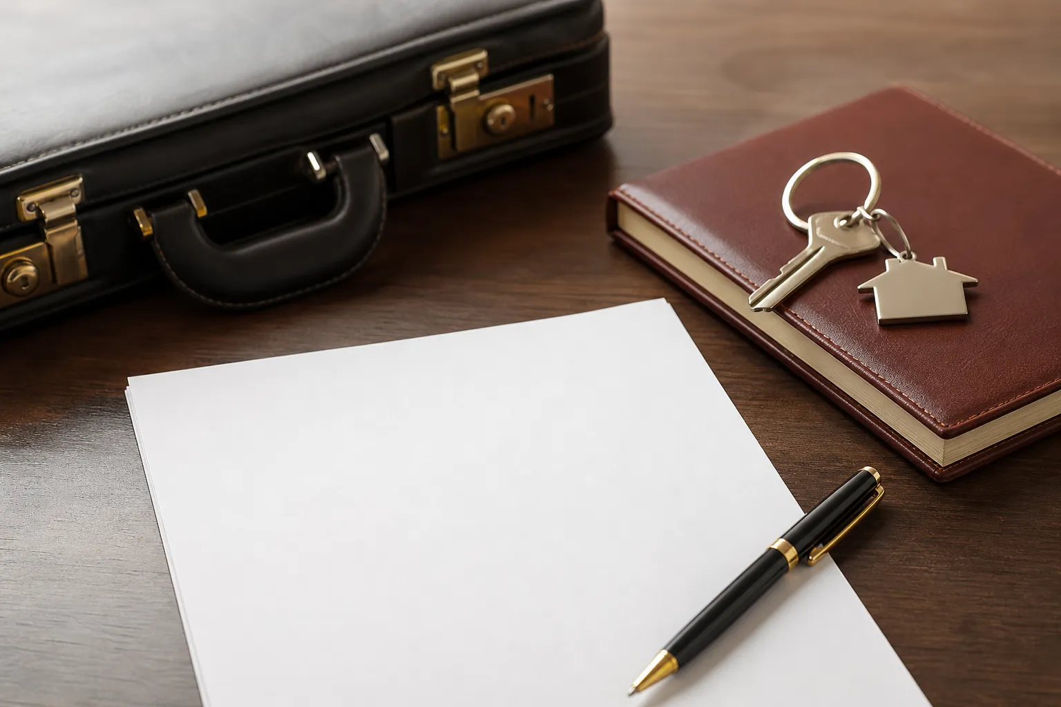 Blank papers and a black pen on a wooden desk beside a briefcase and a brown notebook holding keys with a house-shaped charm.