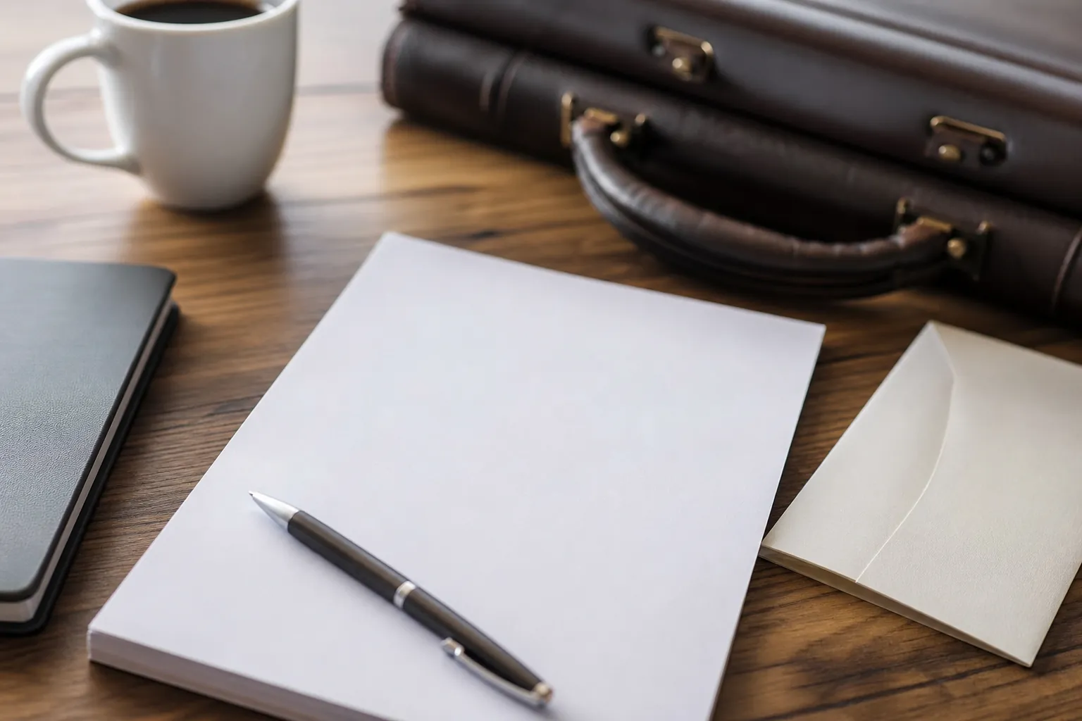 A pen rests diagonally on blank paper beside an envelope, black notebook, coffee mug and leather briefcase on a wooden desk.