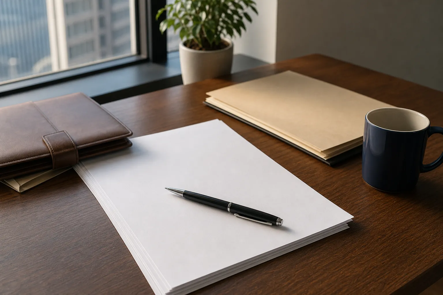 A pen rests on blank papers on a wooden office desk beside folders, a leather organizer, a dark mug and a potted plant.