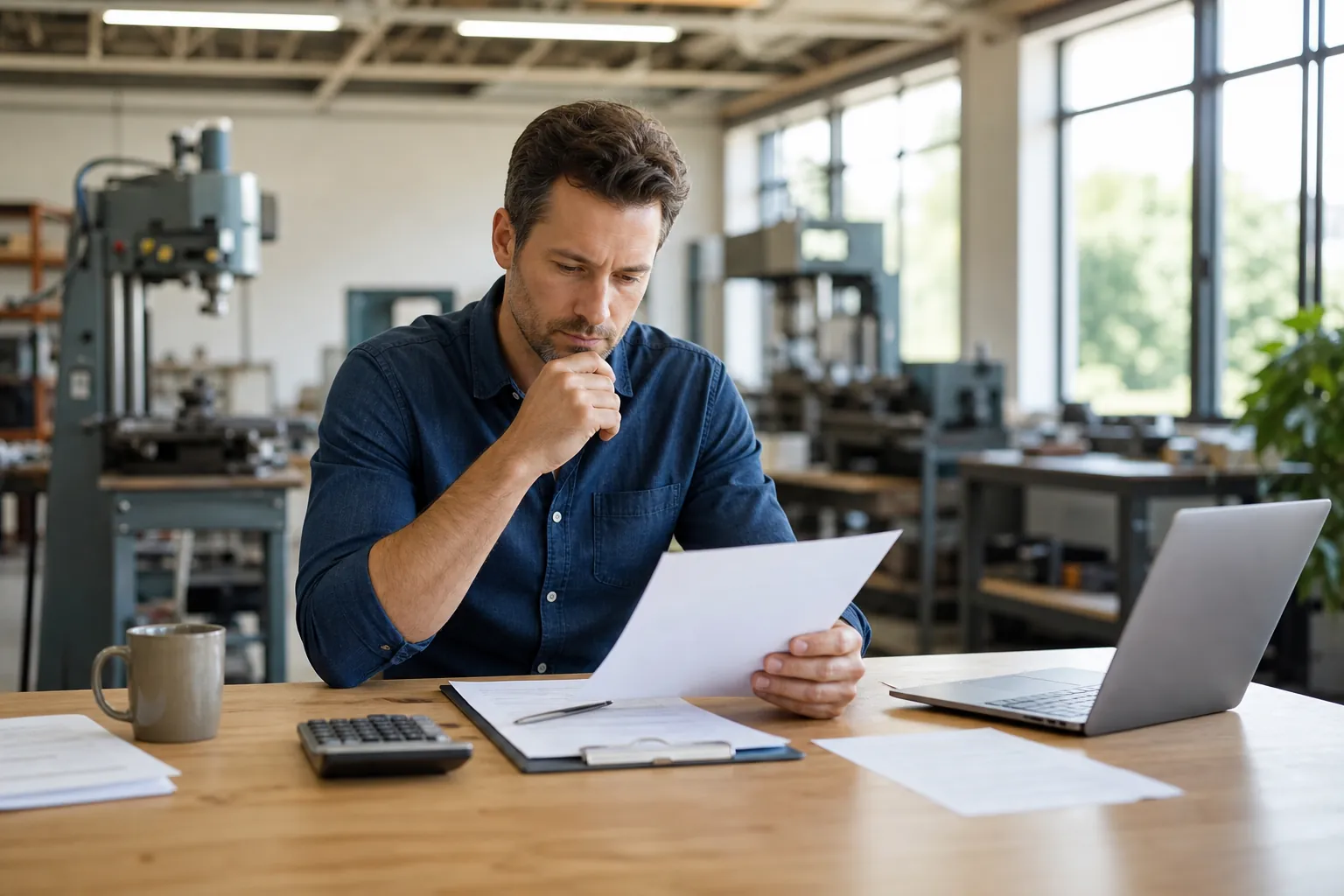 Business owner reviewing equipment purchase paperwork Business owner reviews paperwork with a calculator and laptop at a desk in a workshop filled with industrial equipment.