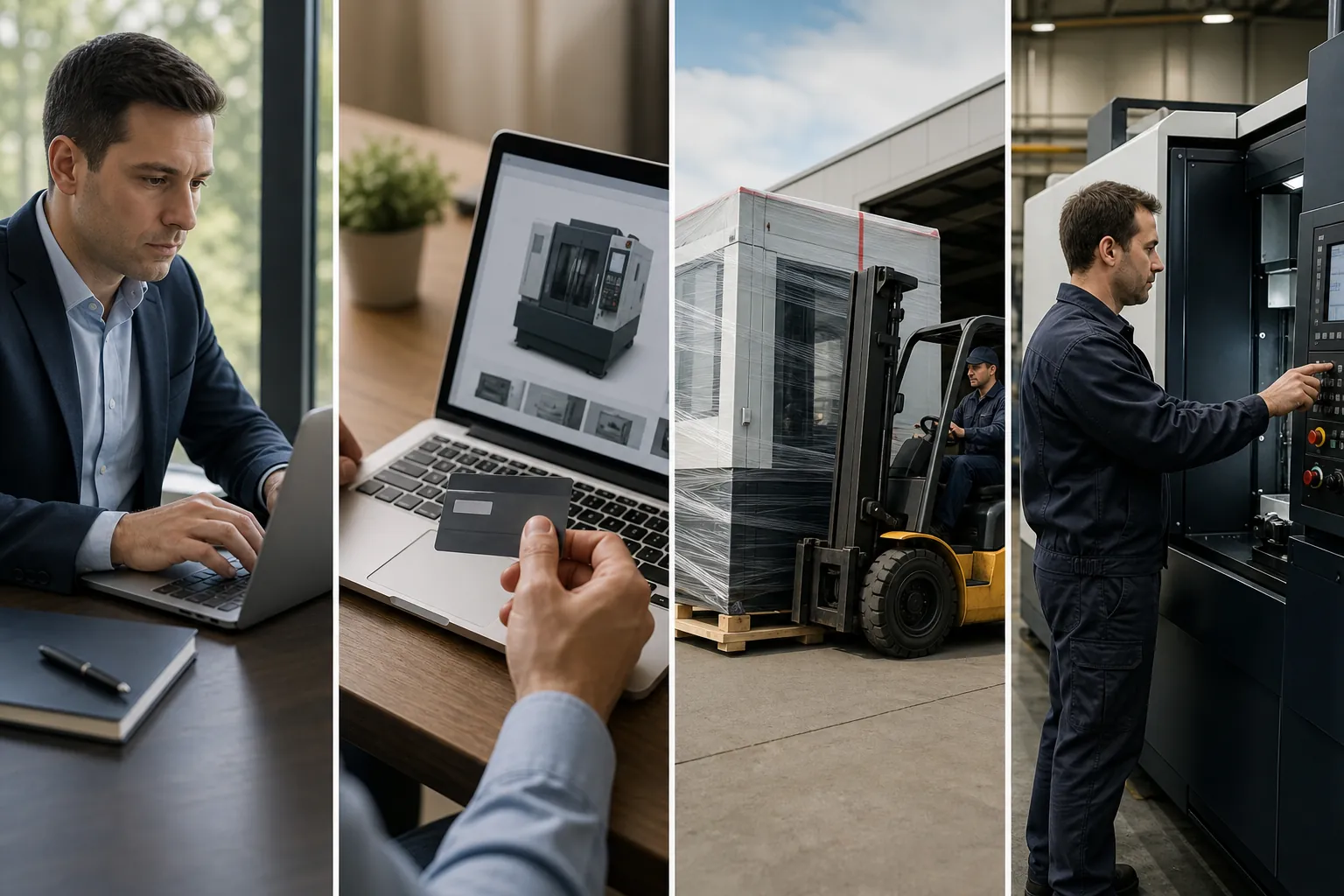 Equipment ordering, payment, delivery and commissioning stages Four panels show equipment research, card payment, forklift delivery, and a worker operating industrial machinery.