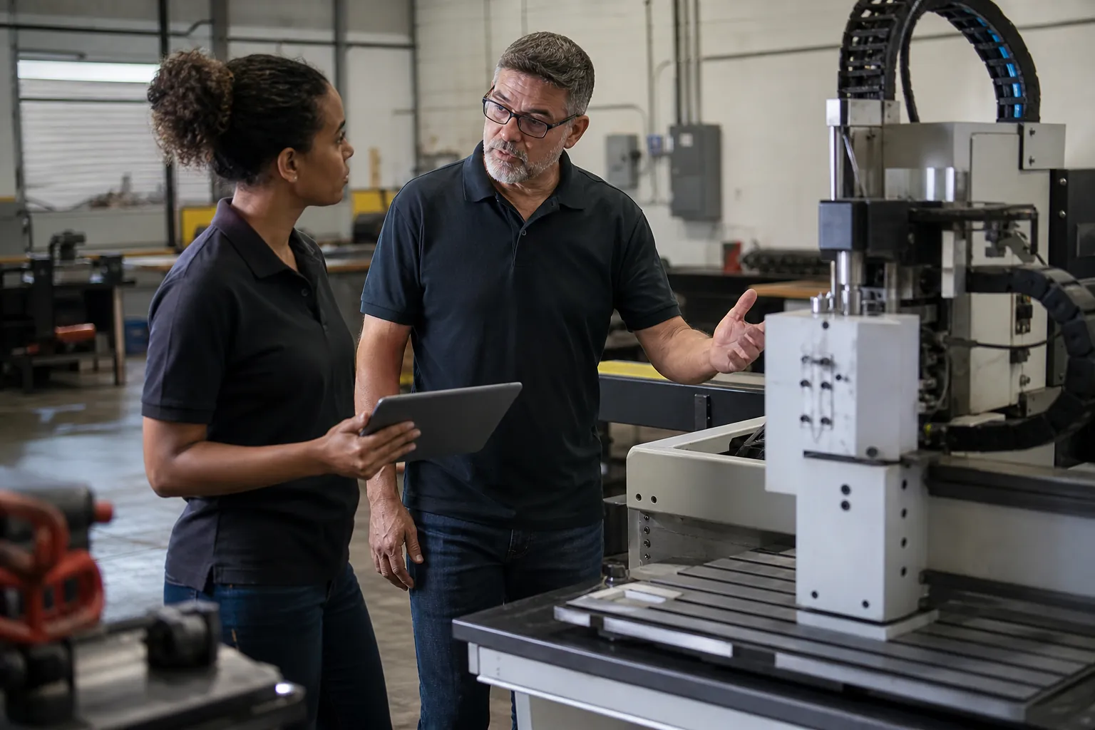 Business Operators Assess Industrial Equipment Needs Two business operators discuss an industrial machine while reviewing equipment needs on a tablet in a workshop.